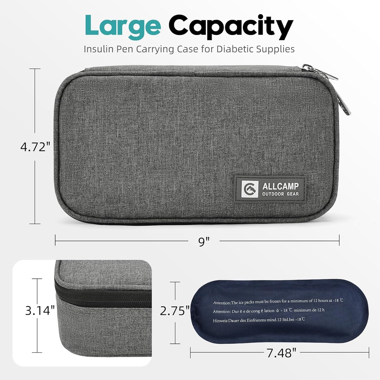 ALLCAMP Insulin Cooler Travel Case TSA Approved, Diabetic Medication Cooler Bag with 4 Ice Packs & Multi-Layer Storage, Portable Medical Cooler with Insulation Liner(Gray)