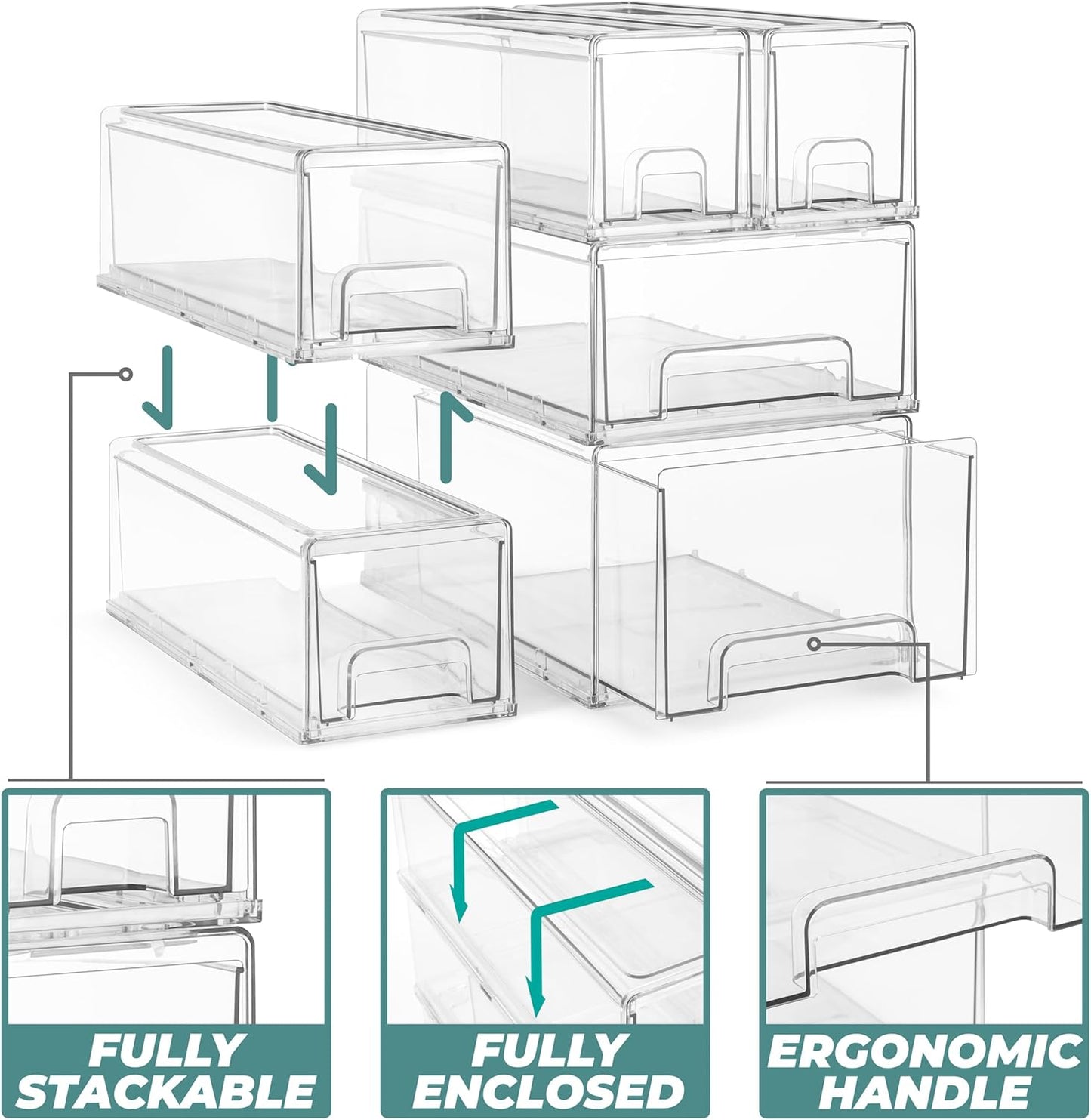Sorbus Small Clear Stackable Storage Drawers – 6-Pack Plastic Organizer Bins with Handles – Stackable Pull-Out Storage Drawers for Closet, Pantry, Office, Bathroom, Craft, and Toy Organization