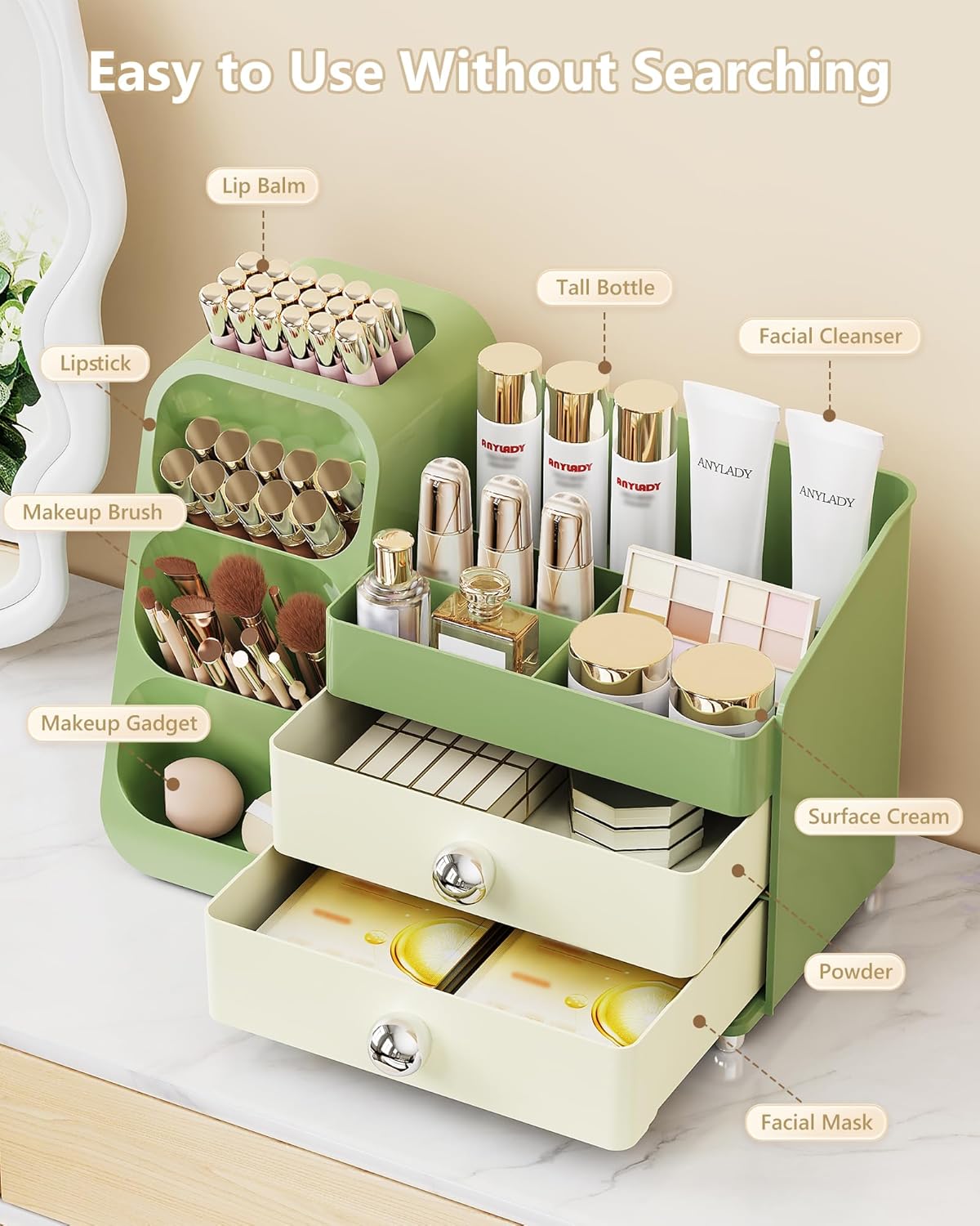 Makeup Organizer with Drawers, Skincare Organizer (Large Size Thick), Storage Box Cosmetic Display Cases, Make up Organizers for Vanity, Dresser, Desk, Kitchen, Countertop (green)