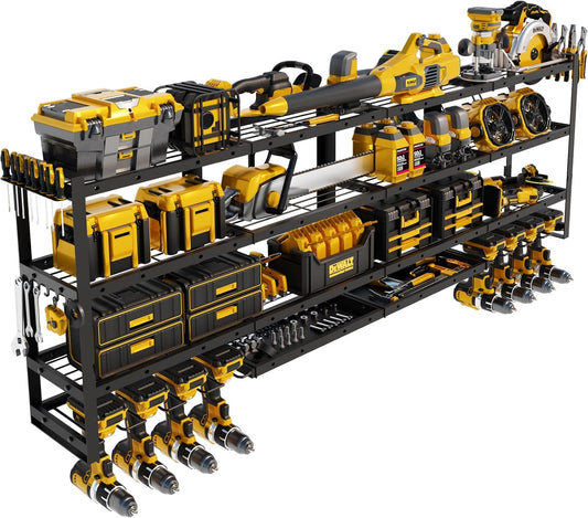 XLarge 64''W Power Tool Organizer Wall Mount | Modular&Corner-Fit 820lbs Garage Storage Rack with 8 Cordless Drill Holder | 4-Tier Heavy Duty Utility Shelf for Battery Workshop Organization