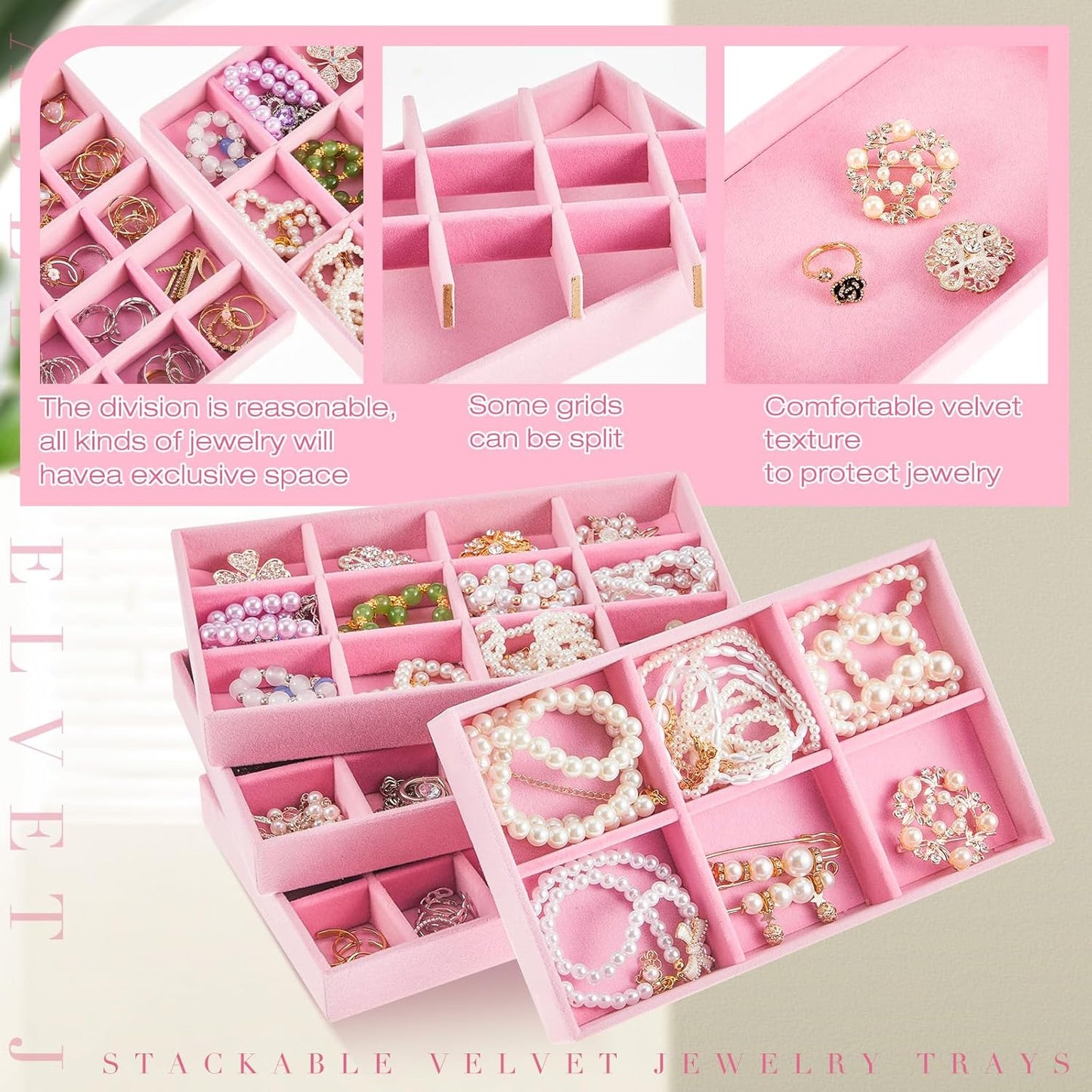Junkin 12 Pcs Jewelry Tray Velvet Stackable Jewelry Organizer Trays Divided Earring Accessories Storage Containers Box (Rose Red)