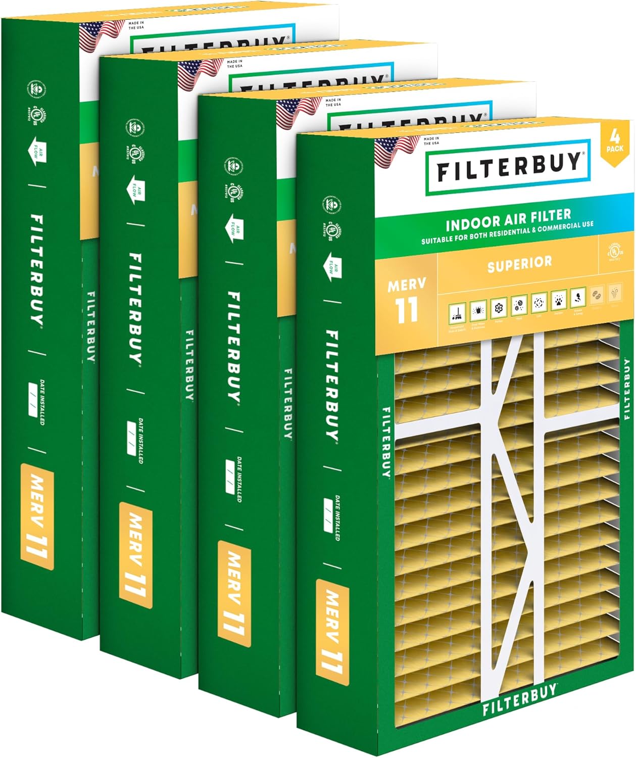 Filterbuy 16x25x5 Air Filter MERV 11 Superior Pet & Allergy Defense (4-Pack), Pleated HVAC AC Furnace Filters for Amana, Coleman, Goodman, Maytag, York, and More (Actual Size: 15.38 x 25.50 x 5.25)