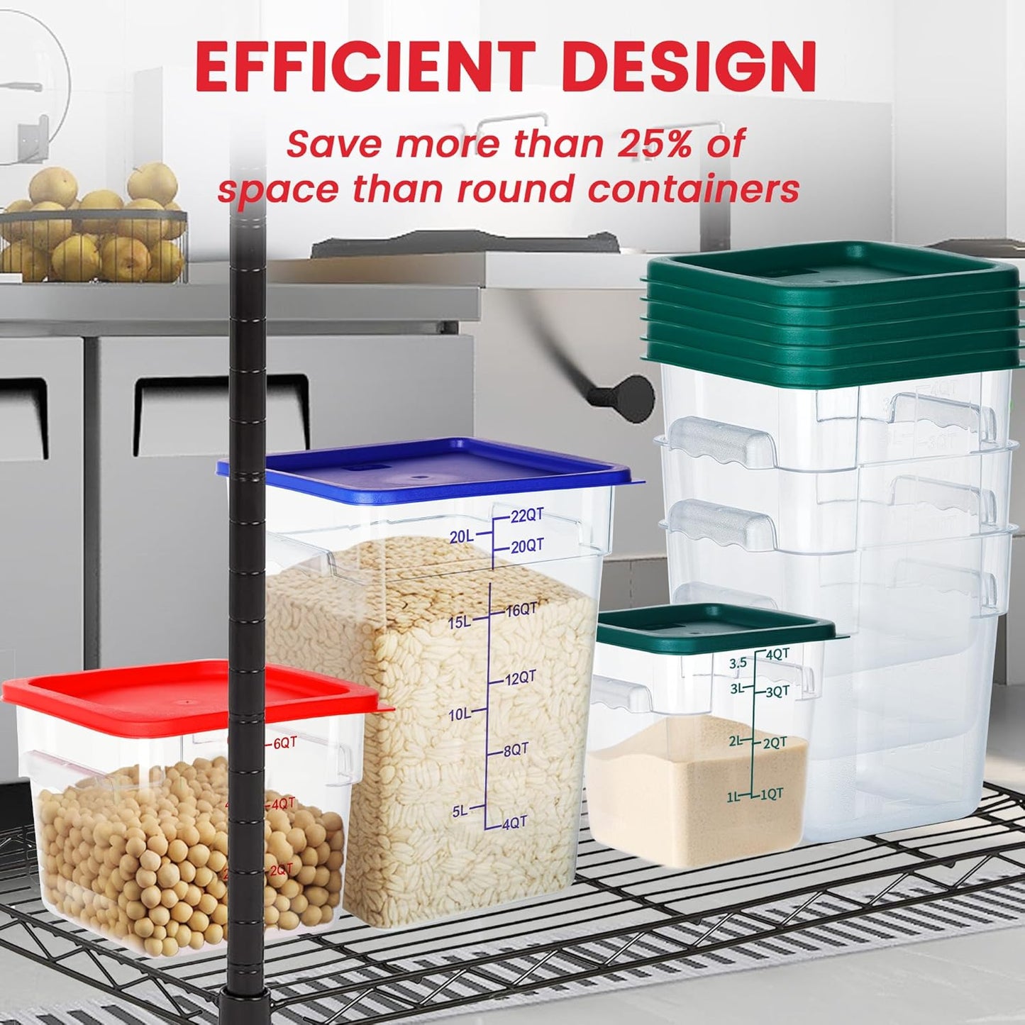 4 Pack Food Storage Containers, 8 Quart with Lids, Square Commercial Containers with Scale, NSF, Polycarbonate, Clear