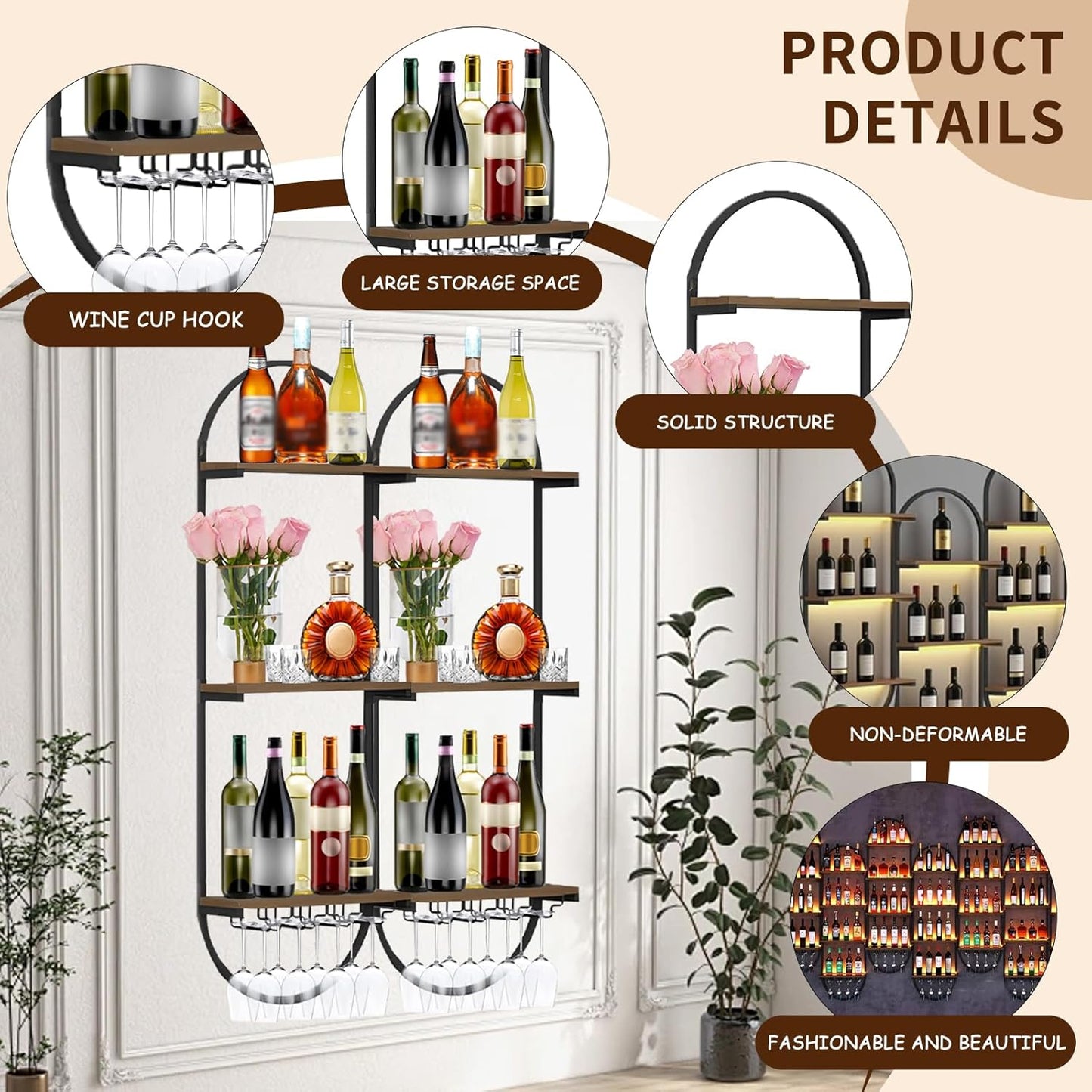 Wall Mount Wine Rack, 3-Tier Metal Oval Design Wine Rack Wall Mounted, Wine Bottle Holder for Home Bar, Wine Kitchen Storage Liquor, Champagne (Black, 4PCS)