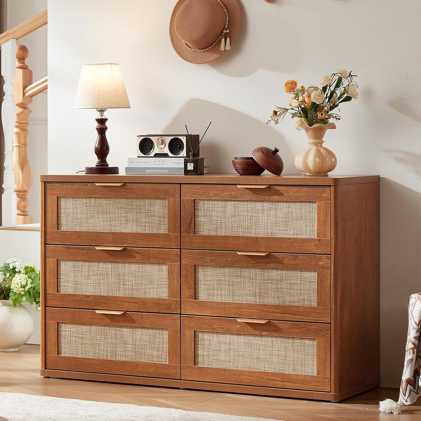 LEYAOYAO Rattan 6 Drawer Dresser for Bedroom, 48" Wide Boho Chest of Drawers, Wooden Dressers TV Stand with Metal Handle, Storage Closet Organizer for Living Room, Hallway, Tea Brown
