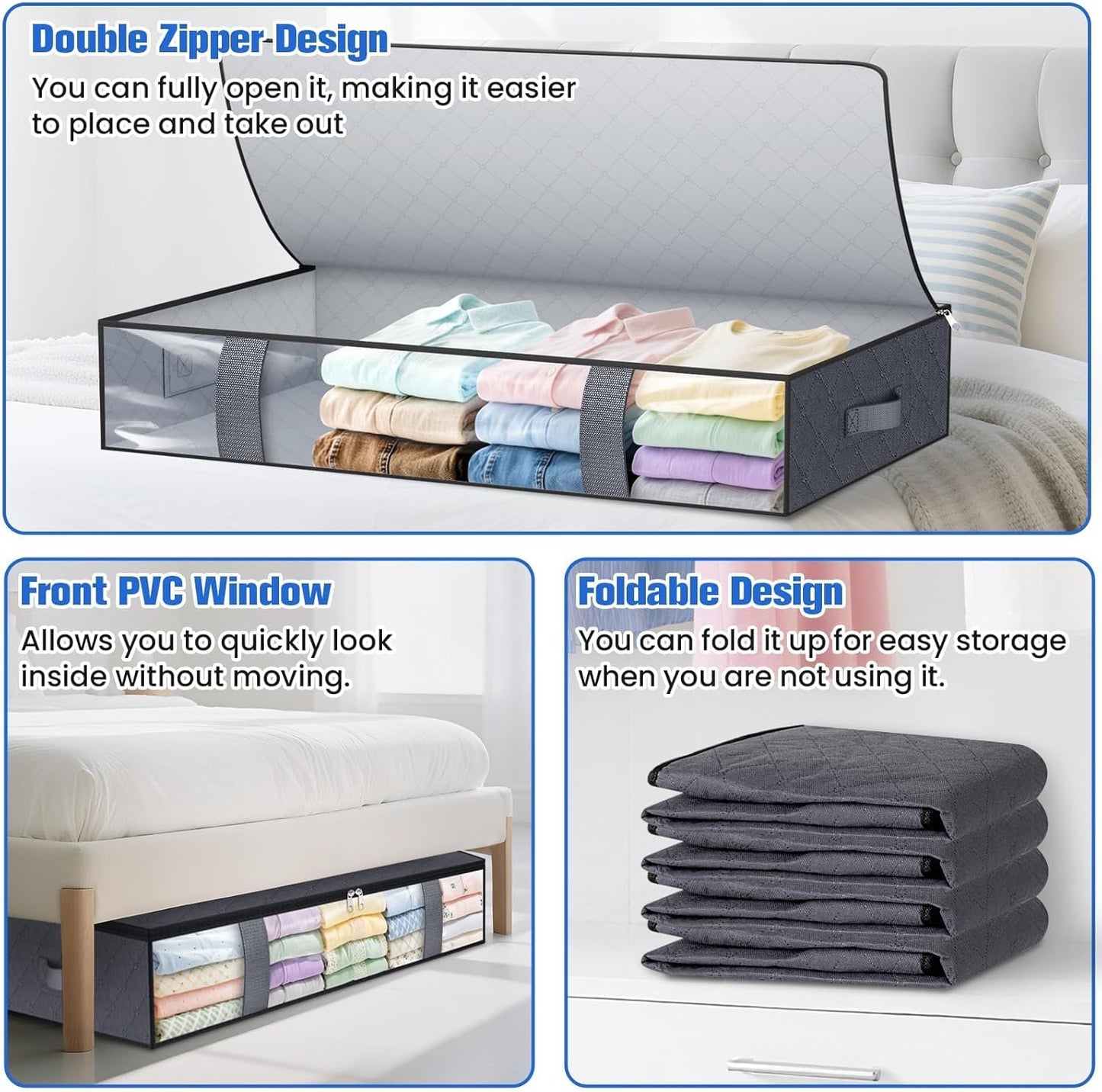 Under Bed Storage Containers, 6 Pack Blanket Storage Bags, Collapsible Storage Bags with Big Zippers, Clear Front, Shoe Storage and Organization for Clothes, Comforter, 90L, Grey