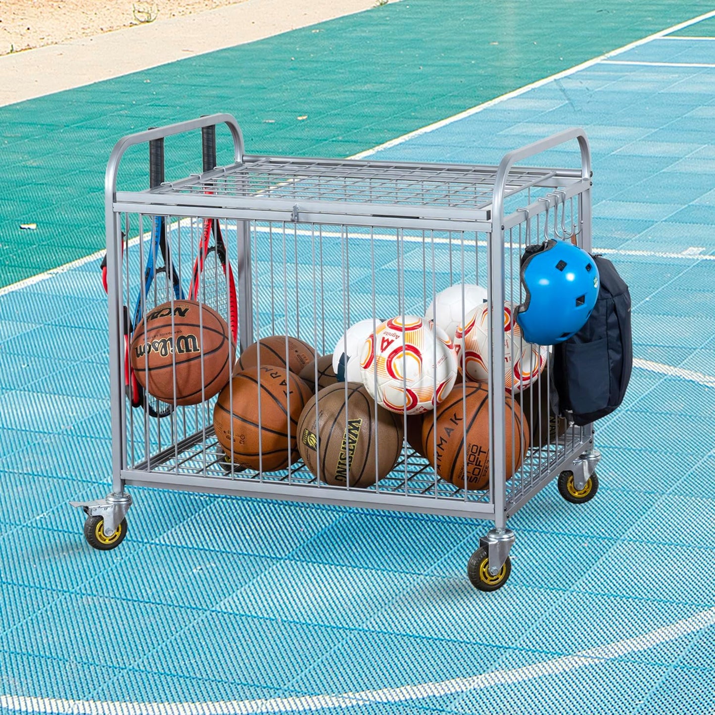 MyGift Large Capacity Metal Rolling Multi Sports Ball Cage Storage Hopper, Gym Equipment Basket Cart with Lockable Latch, Heavy Duty Caster Wheels, and 8 Accessory Hooks