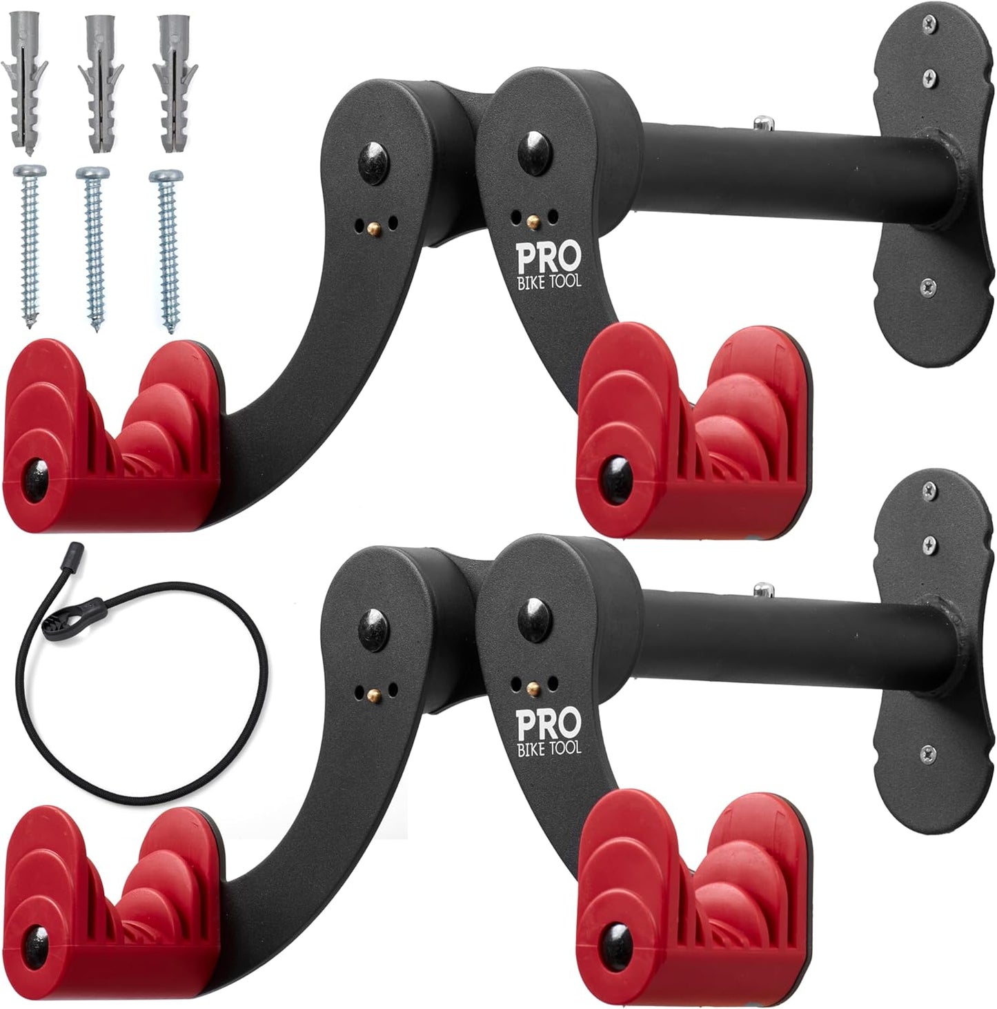 PRO BIKE TOOL Bike Wall Mount - Adjustable Hanging Arms Horizontal Bike Rack - For Almost Every Bike - Bike Wall Hanger with Durable Metal Construction - Black/Red - Set of 2