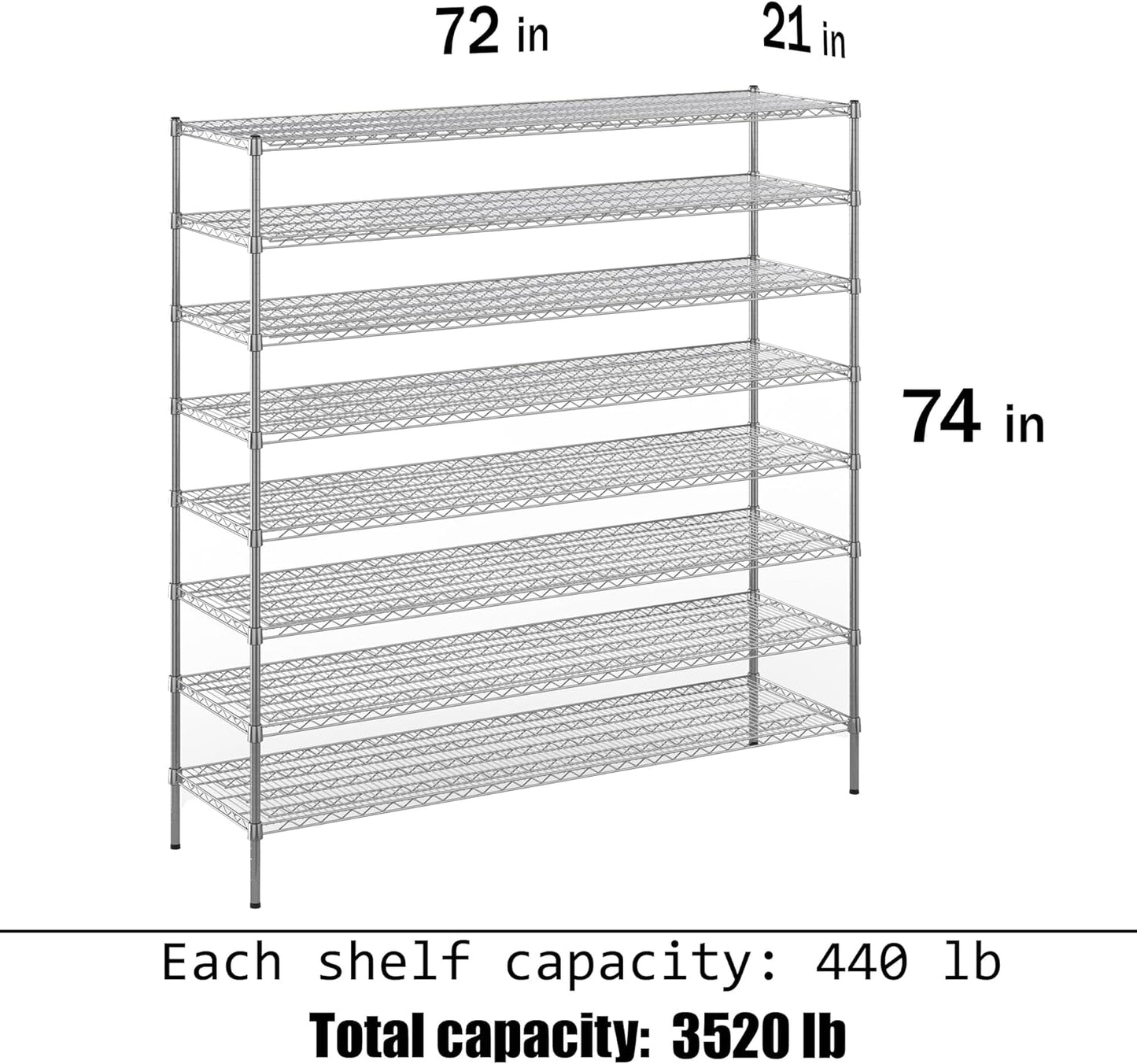 21" Deep x 72" Wide x 74" Height Wire Shelving Kit | 8-Tier | NSF Commercial Storage Rack Unit