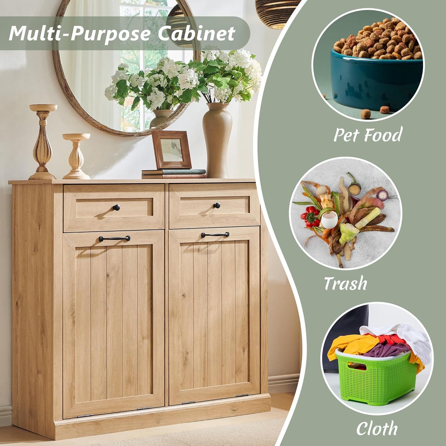 Double Tilt Out Trash Cabinet, 20 Gallon Farmhouse Laundry Hamper Cabinet with 2 Drawers, Hidden Wooden Trash Can Cabinets with Storage Basket for Kitchen, Living Room (Natural)