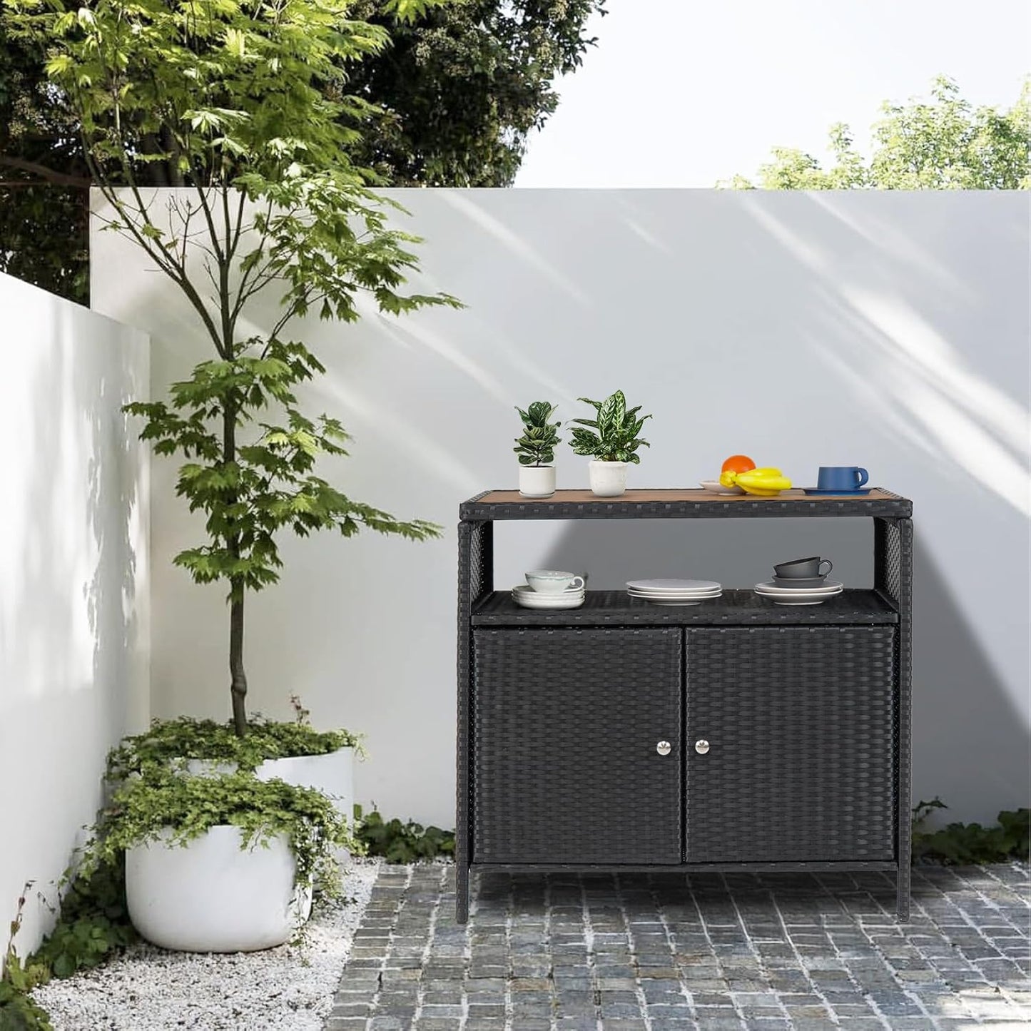 Garvee Patio Outdoor Wicker Storage Cabinet with Shelf, Powder Coated Steel, Patio Bar Table with 2-Door and Shelf, All Weather Resin Wicker, Patio Pool Garden Kitchen, Brown Table