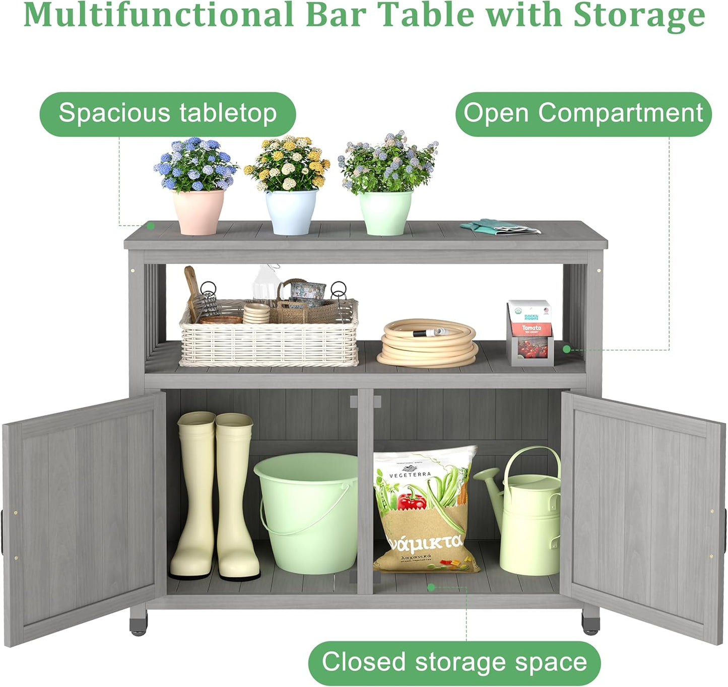 Outdoor Potting Bench with Storage Cabinet and Metal Top, Wood Workstation for Outdoor Patio, Garden (Grey, 42×18×37")