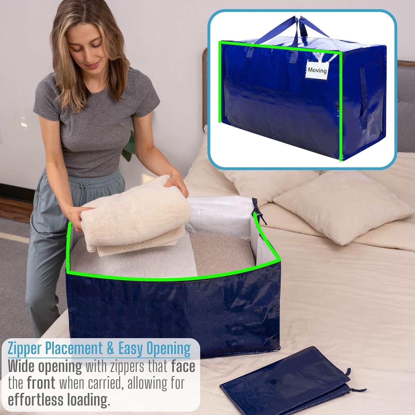 VENO 4 Pack Moving Bags and Large Christmas Decoration Storage Bins with lids. Alternative to Moving Boxes, Packing Supplies for College. Heavy Duty Totes (Blue, 4 Pack)