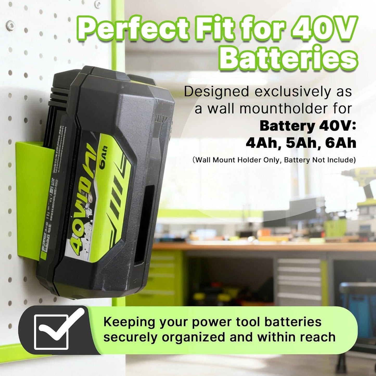 Wall Mount Holder Compatible with Ryobi Battery 40V：4Ah, 5Ah, 6Ah, 2 Pack Plastic Wall Mount Battery Storage Rack with Screws