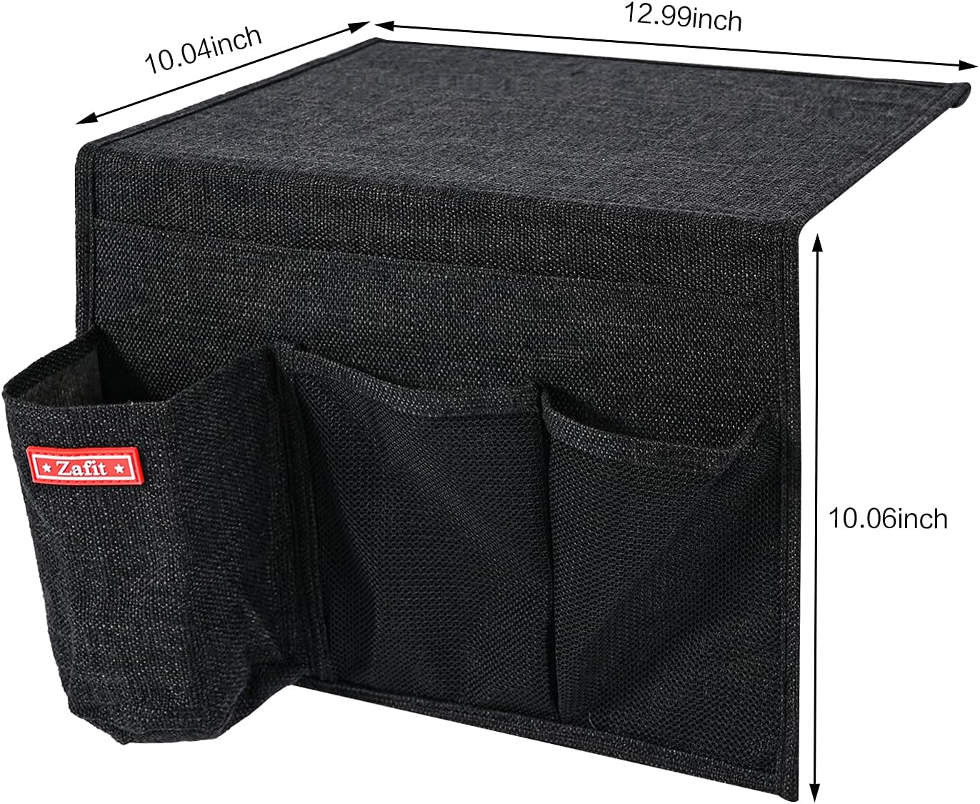 Linen 4 Pockets Bedside Caddy, Bedside Storage Organizer with Water Bottle Holder for Magazine, Remotes, Phone (Black)