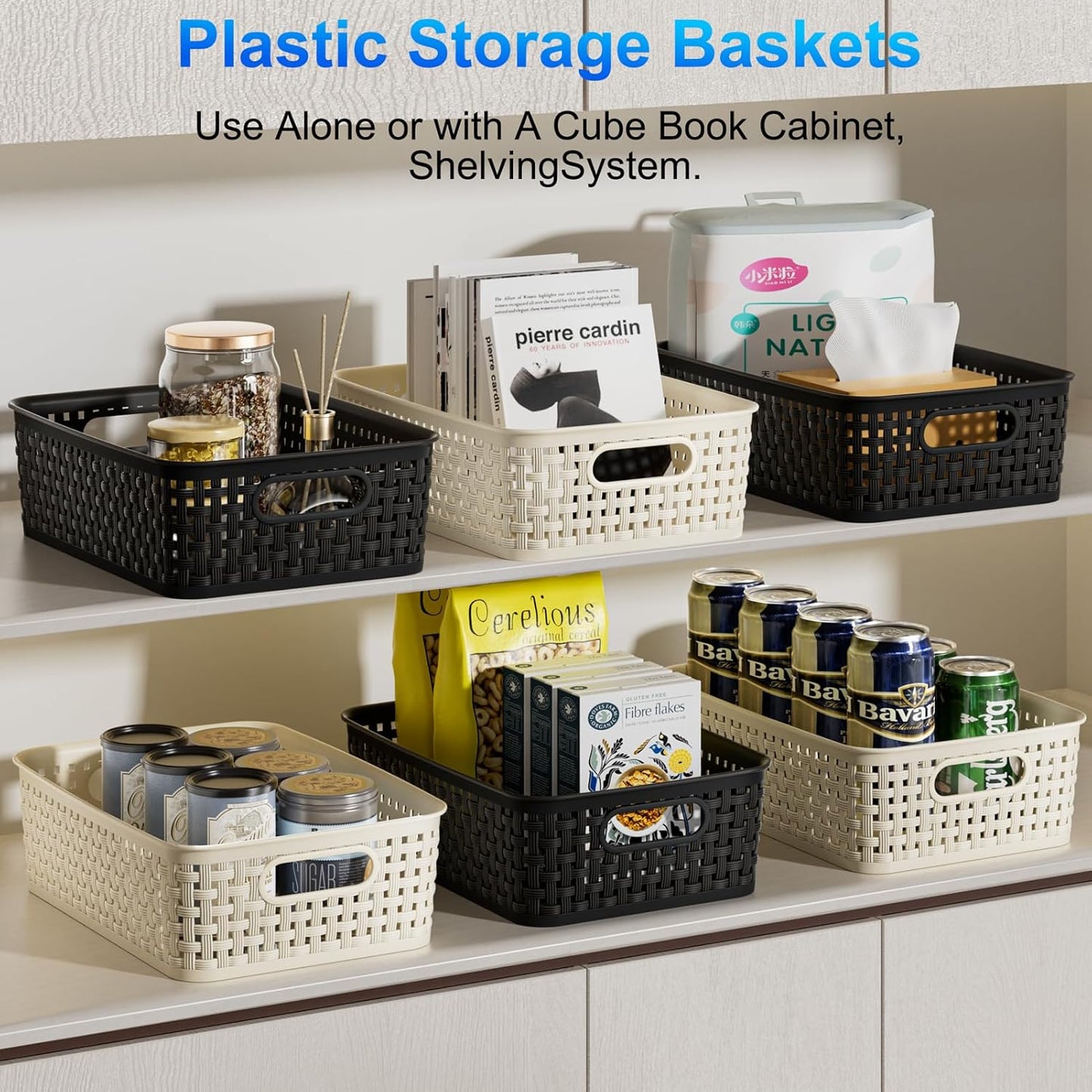 Black Plastic Basket, 8 Pack Home Organization and Storage Baskets with Handles, Space Saving Woven Organizer Bins Plastic Storage Basket for Organizing Cabinets,Closets, Shelves, Countertops
