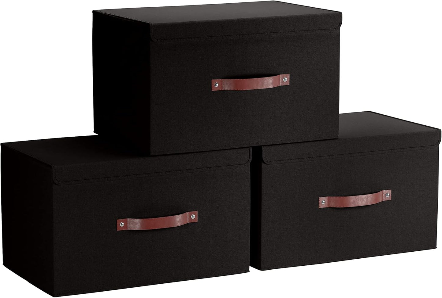 Ornavo Home 3 Pack Collapsible Storage Bins with Lid, Foldable Linen Fabric Shelf Storage Basket Closet Organizer and Large Storage Box for Clothes with Leather Handles, 15 x 10 x 9, Black