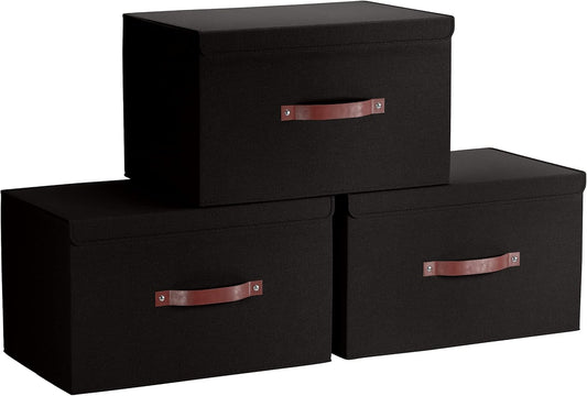 Ornavo Home 3 Pack Collapsible Storage Bins with Lid, Foldable Linen Fabric Shelf Storage Basket Closet Organizer and Large Storage Box for Clothes with Leather Handles, 16.5 x 11.8 x 7.5, Black