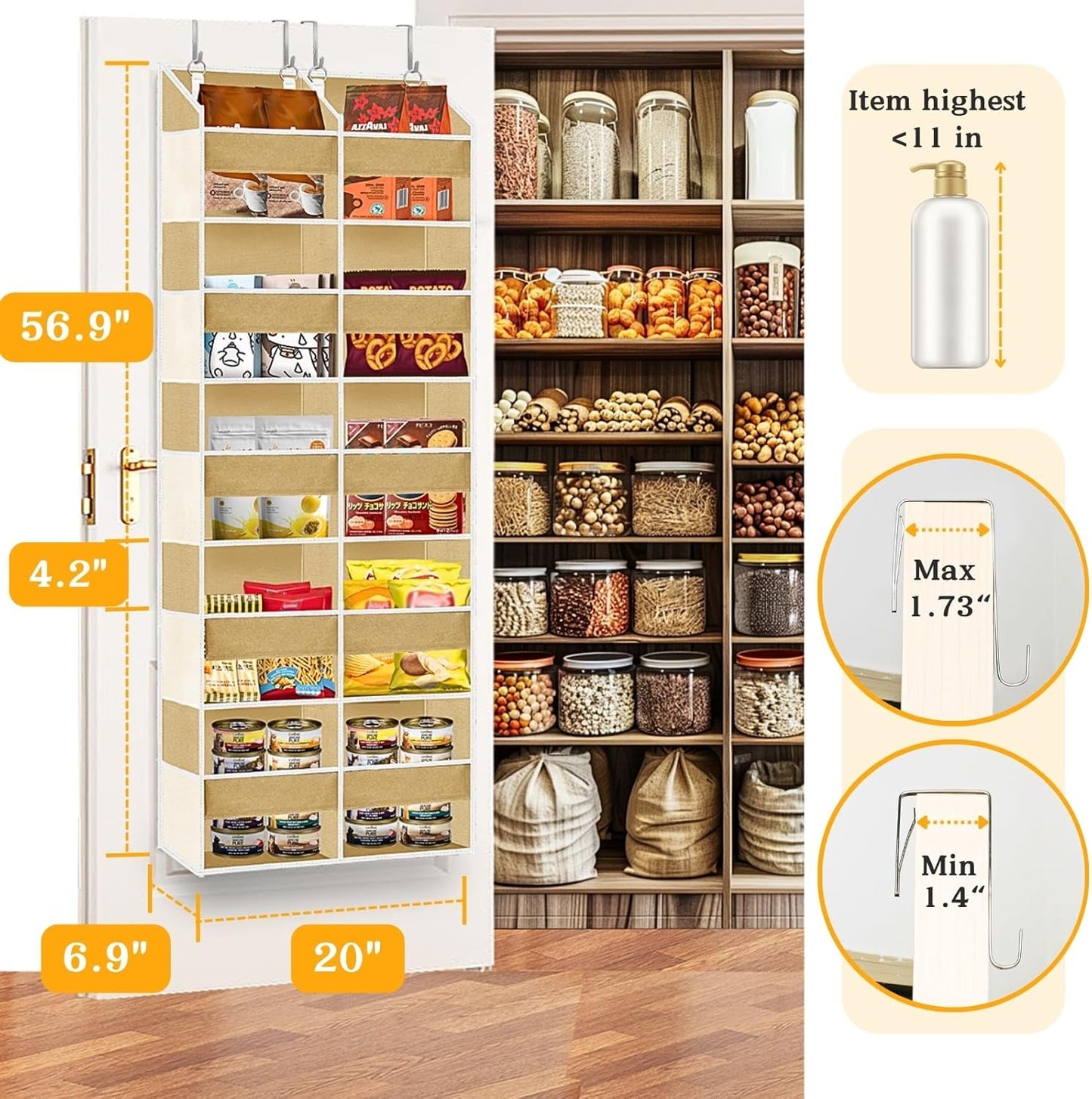 Over the Door Organizer 5 Tiers,Extra Large Behind Door Storage of 10 Compartments,80 lbs Weight Capacity Over the Door Storage, Door Hanging Organizer for Closet, Diaper Organizer (Camel)