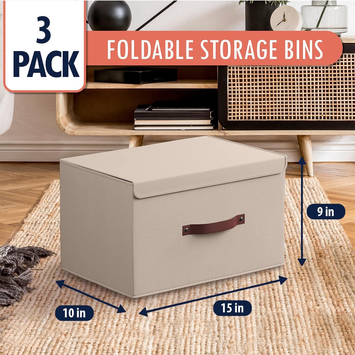 Ornavo Home 3 Pack Collapsible Storage Bins with Lid, Foldable Linen Fabric Shelf Storage Basket Closet Organizer and Large Storage Box for Clothes with Leather Handles, 15 x 10 x 9, Beige