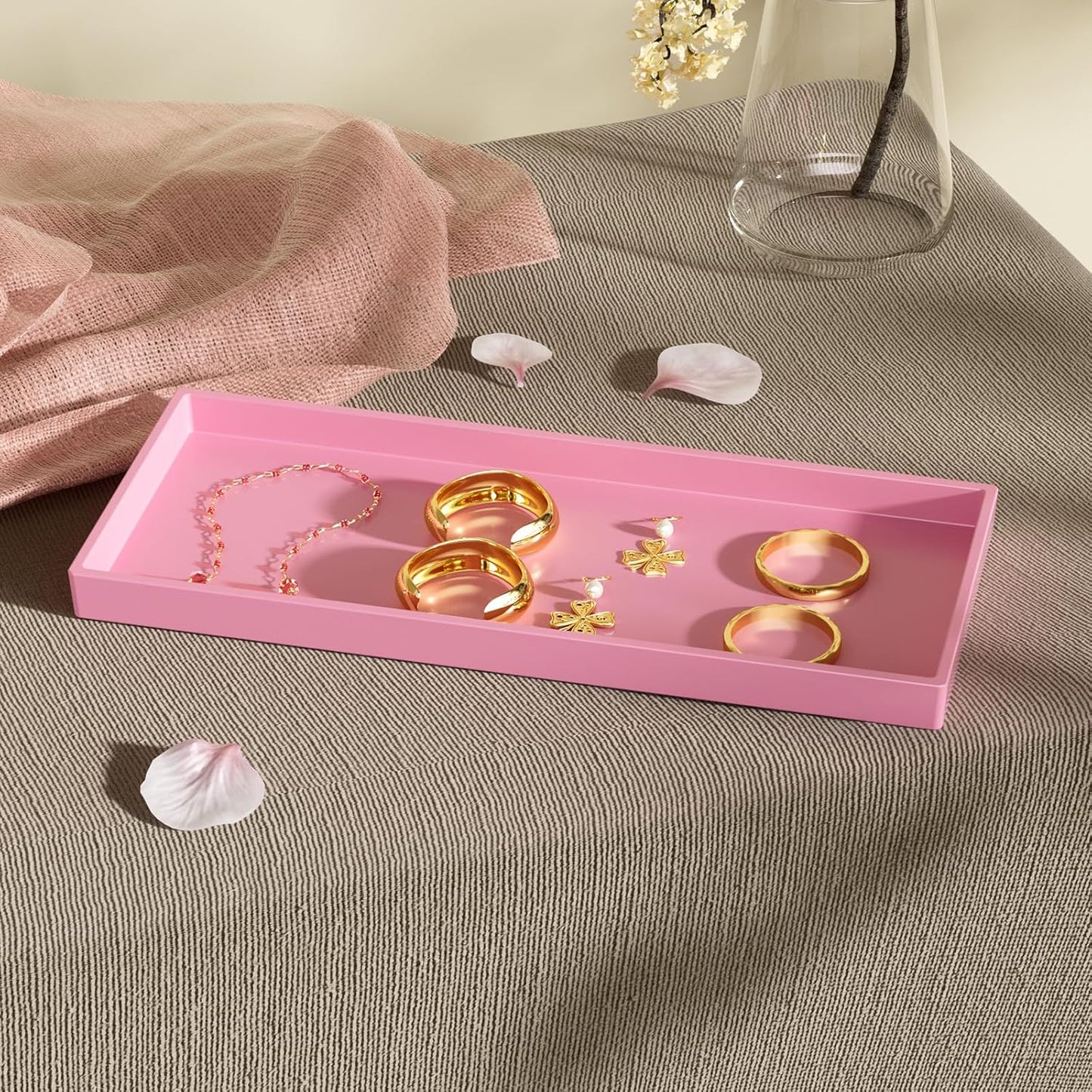 Vanity and Bathroom Tray, 11.8" ABS Countertop Organizer,Waterproof Vanity Tray for Toilet Tank,Perfume,Soap,Keys,Bathroom Accessories,Kitchen and Bath Trays,Non Slip Small Trays,Pink