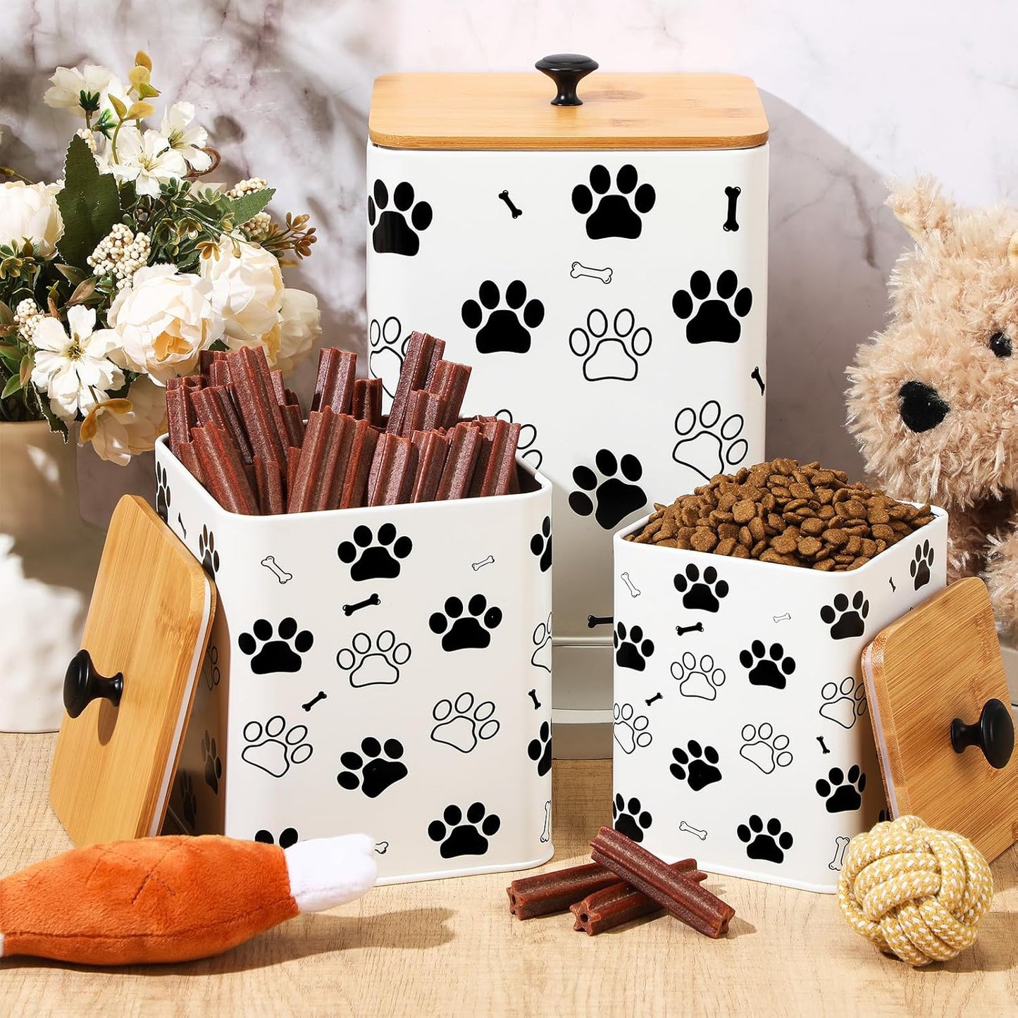 Airtight Dog Food Containers with Bamboo Lids, Metal Dog Treat Jars Canisters for Kibble, Biscuits, Snacks, Cookies, Pet Food Storage Set for Kitchen Counter Christmas Gift(White)