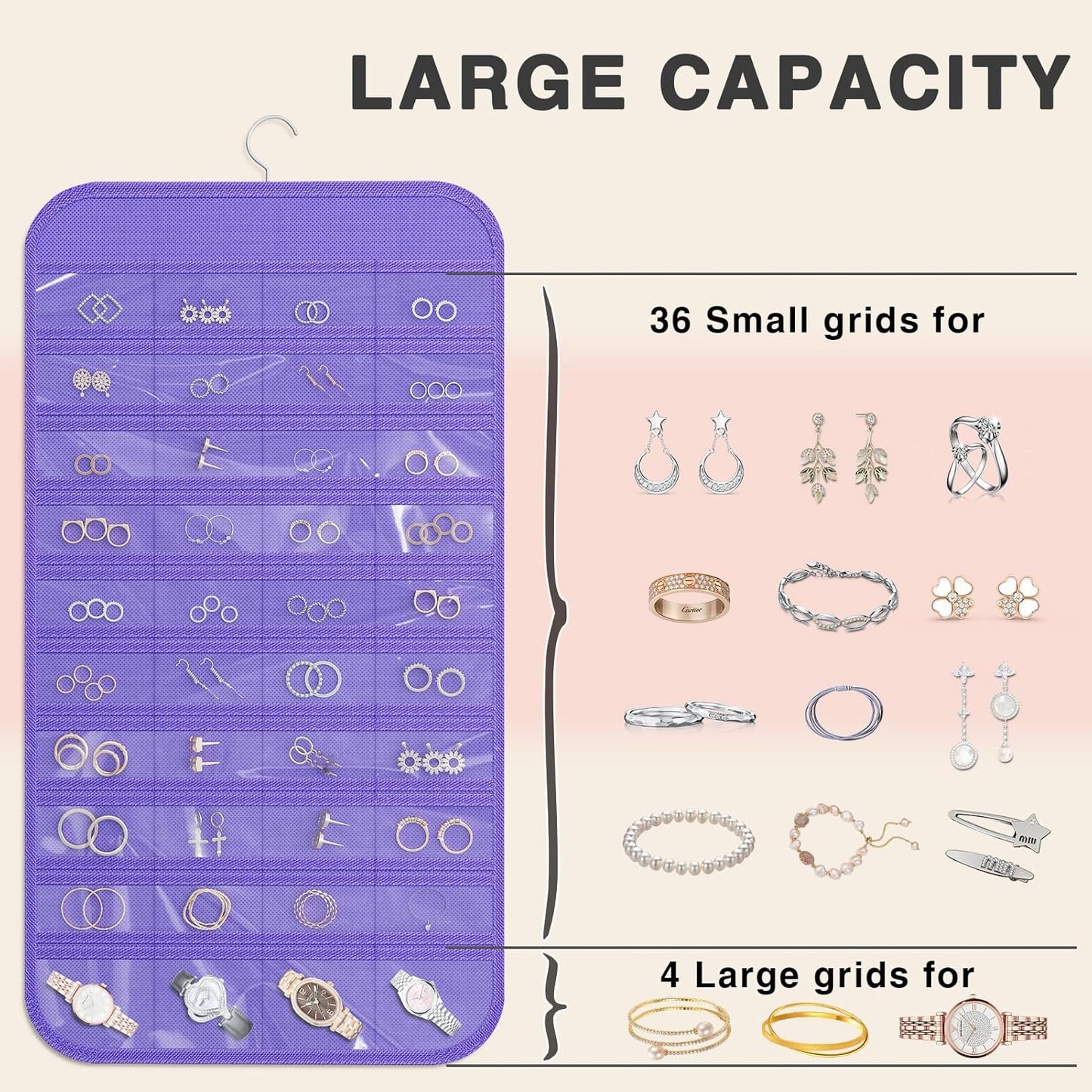 Hanging Jewelry Organizer Storage, 40 Pockets 36 Hooks Necklace Earring Necklace Bracelet Ring Organizer, Double - Sided Design, Purple