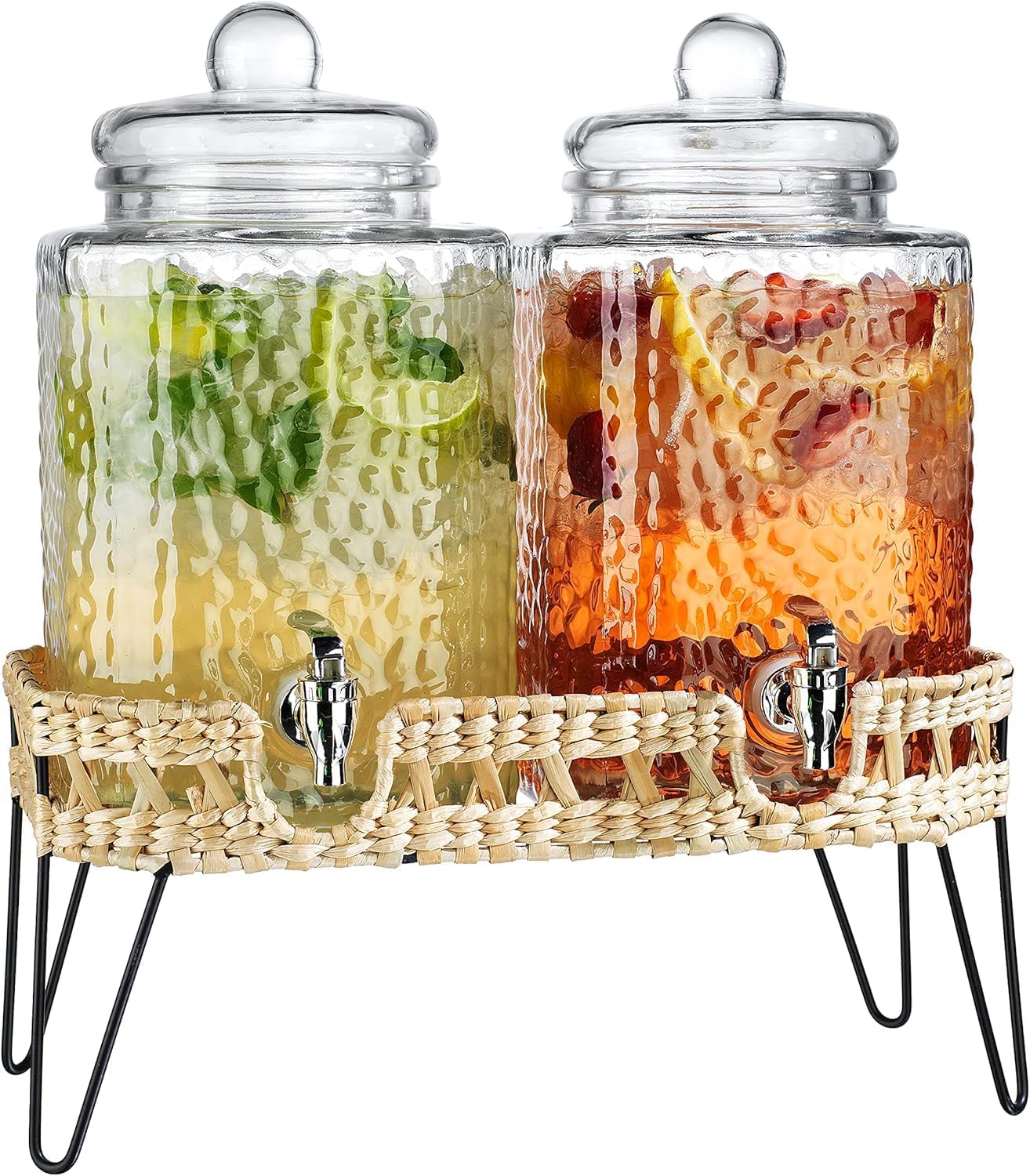 1.5 Gallon Hammered Glass Drink Dispenser for Parties 2 PACK Beverage Dispensers with Stand, Glass Water Jug Dispenser, with 100% Leak Proof Spigot, Great for Party, Wedding, Picnic, BBQ Wicker Design