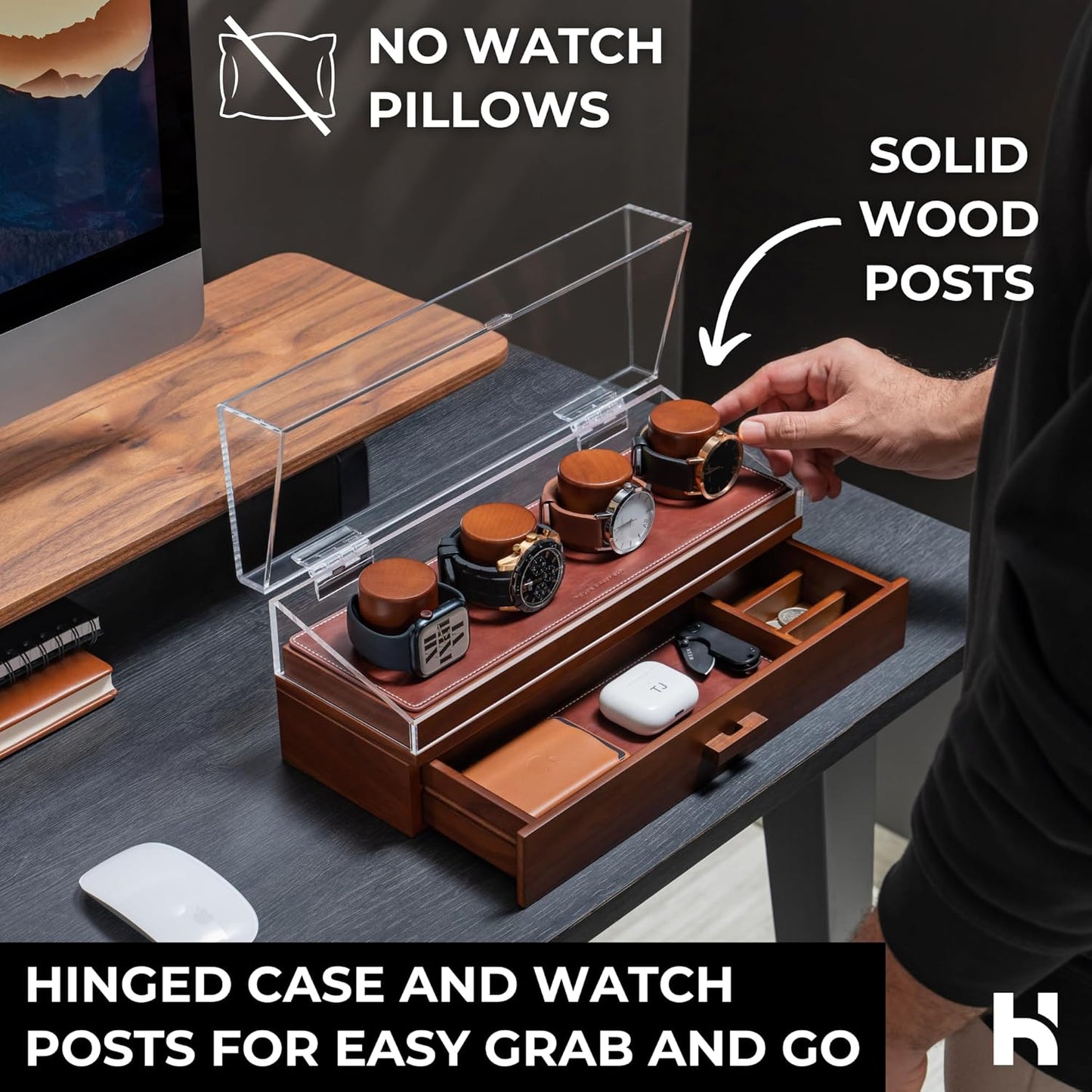 Holme & Hadfield Premium 4 Slot Watch Box for Men - Wooden Watch Display Case with Hinged Cover, Leather Lining & Drawer - Watch Holder Organizer Stand - Handcrafted Luxury Christmas Gift for Men
