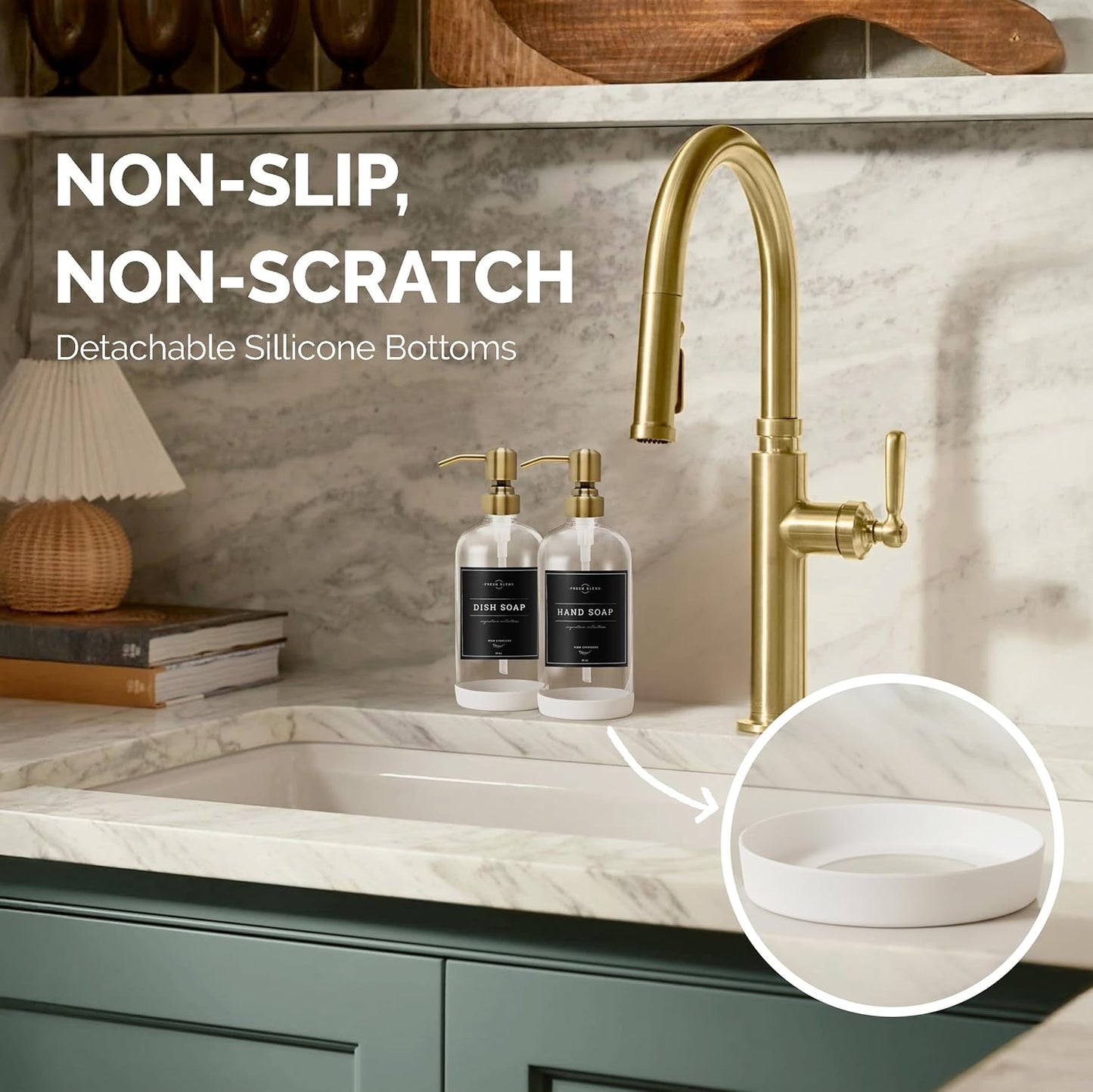 Vine Creations Clear Glass Soap Dispenser, 2 Pack Kitchen Soap Dispenser Set with Stainless Steel Pump, 16 oz Dish Soap and Hand Soap Dispensers for Bathroom with Waterproof Labels