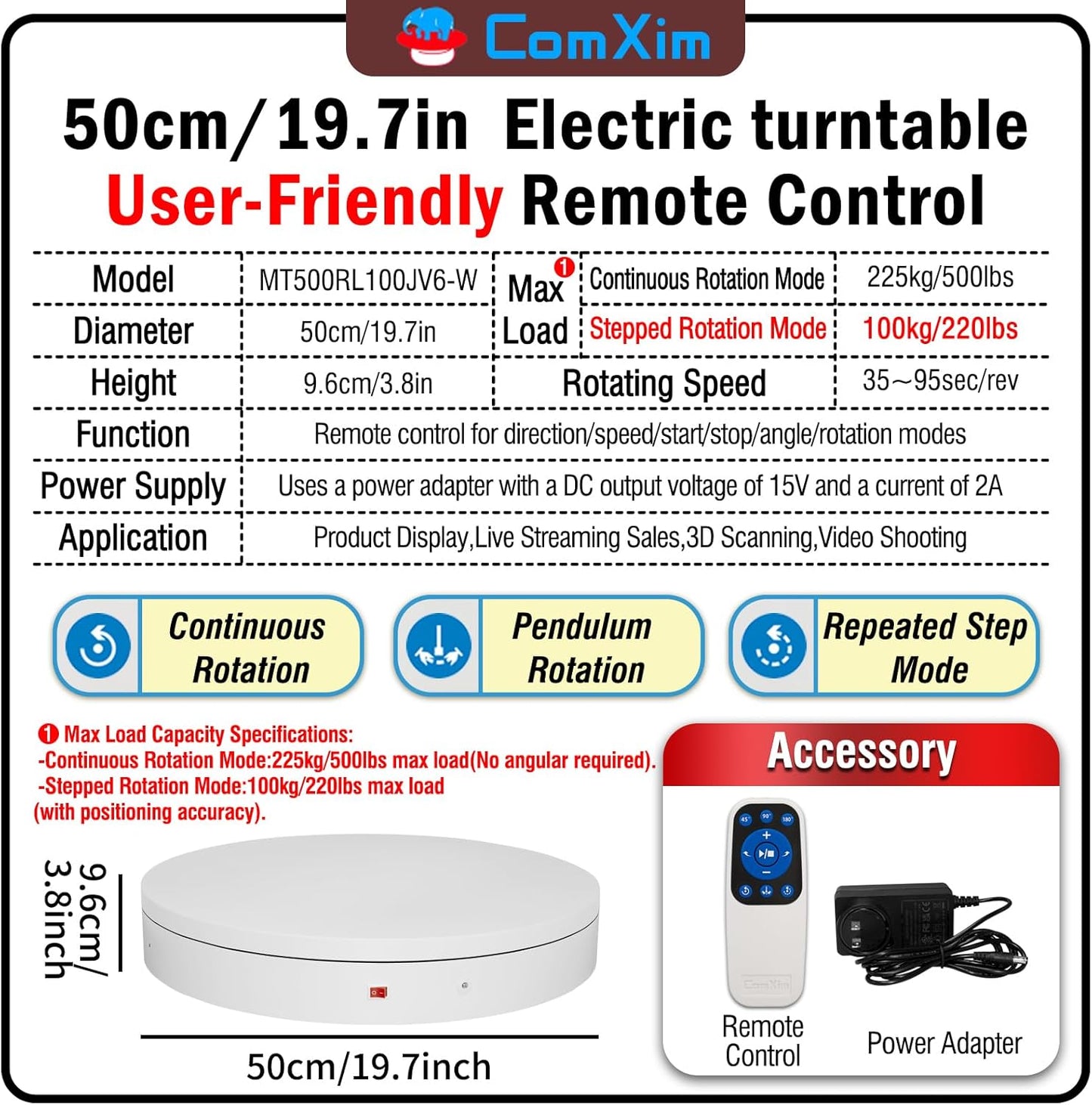 19.7In Remote Large Motorized electric turntable Rotating platform Photography Turntable Motorized lazy susan Base giratoria para for Photography,3D Scanner,Heavy duty display(Load Range:220~500lbs)