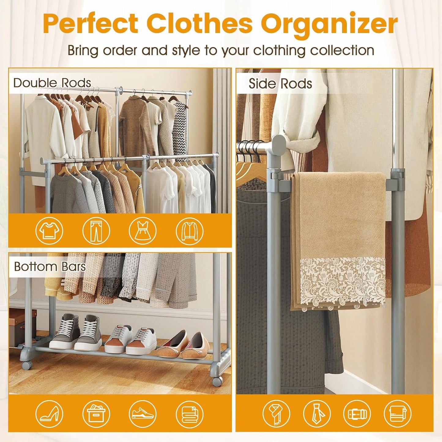 COSTWAY Double Rod Clothing Rack, Heavy-Duty Metal Garment Rack with Extendable Height & Width, Adjustable Rolling Closet Rack for Hanging Clothes with Wheels for Dressing Room, Laundry, Living Room