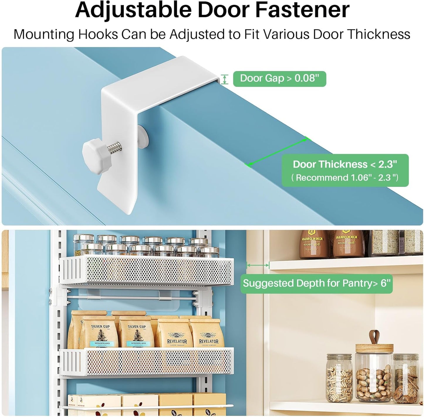 SNTD Over the Door Pantry Organizer - 8 Tier Adjustable Pantry Door Spice Organizer, Large Capacity Hanging Door Spice Rack for Kitchen Pantry Organizers and Storage (White, 12.3" W x 4.7" D x 69" H)