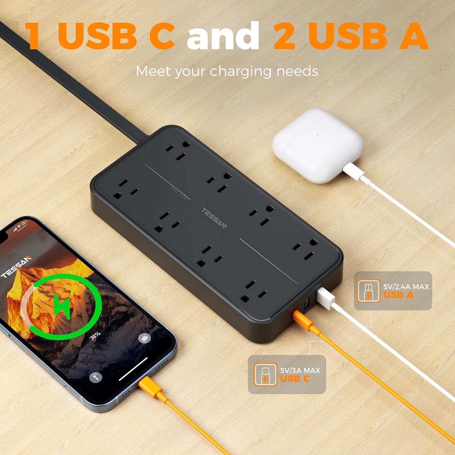 2000J Surge Protector Power Strip, TESSAN 5 FT Extension Cord with Multiple Outlets Flat Plug, 3 USB (1 USB C) and 8 AC Outlets, Wall Mount USB Charging Station for Home Office Supplies, Black