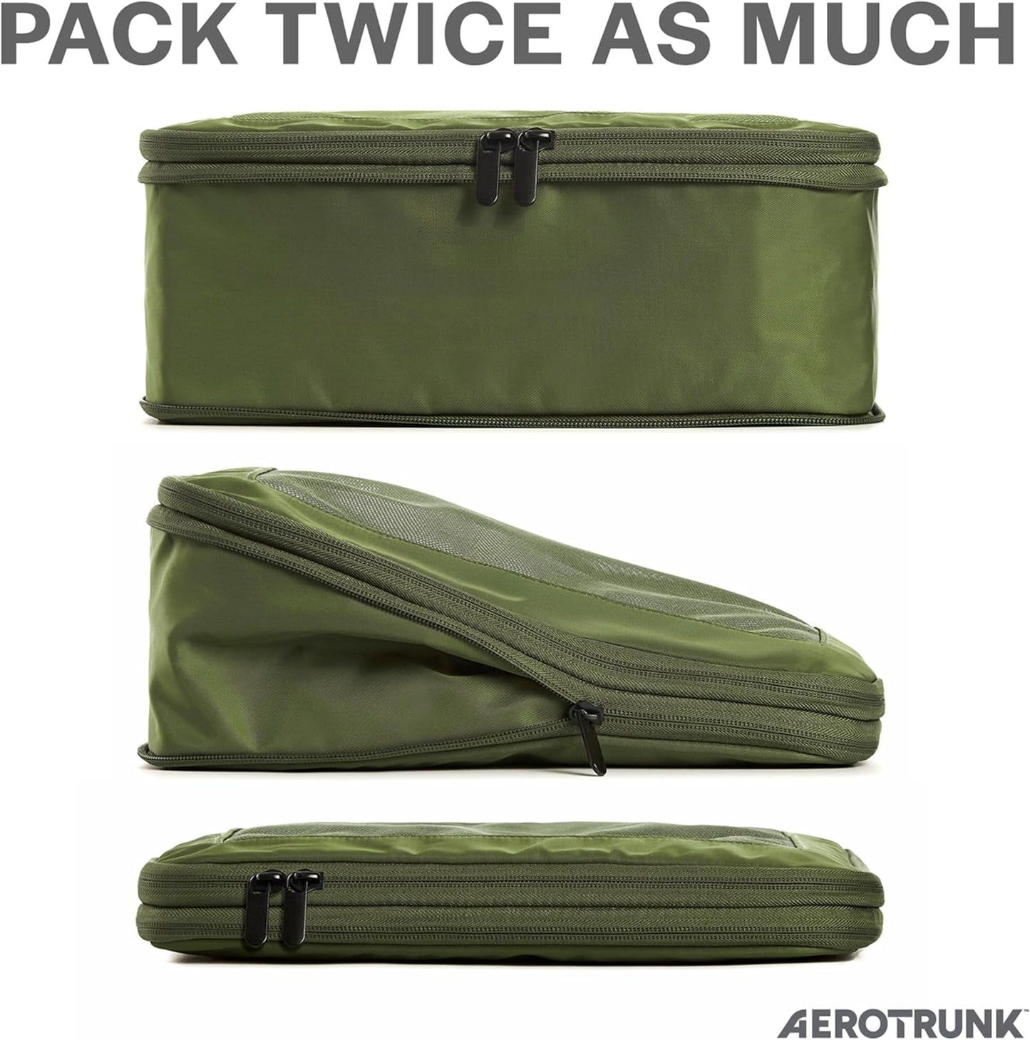 Aerotrunk Compression Packing Cubes for Travel - Luggage Organizer Bags - Double Zipper Packing Cubes for Suitcases (6-Pack, Olive)