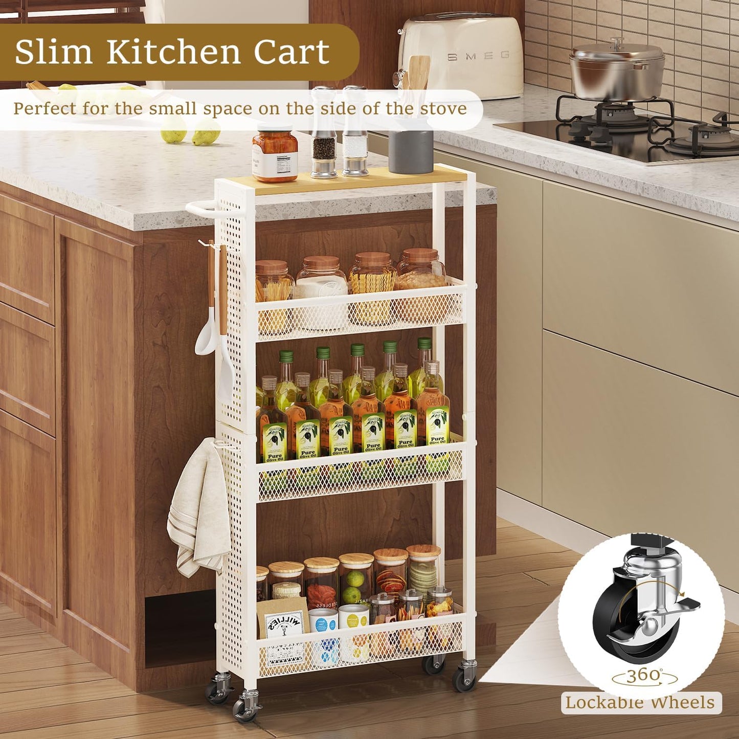 Utility Slim Storage Cart 4 Tier Small Rolling Kitchen Laundry Room Organization Cart with Wood Top Metal Narrow Bathroom Cart Cabinet Narrow Storage Cabinet Trolley with Handle for Small Space