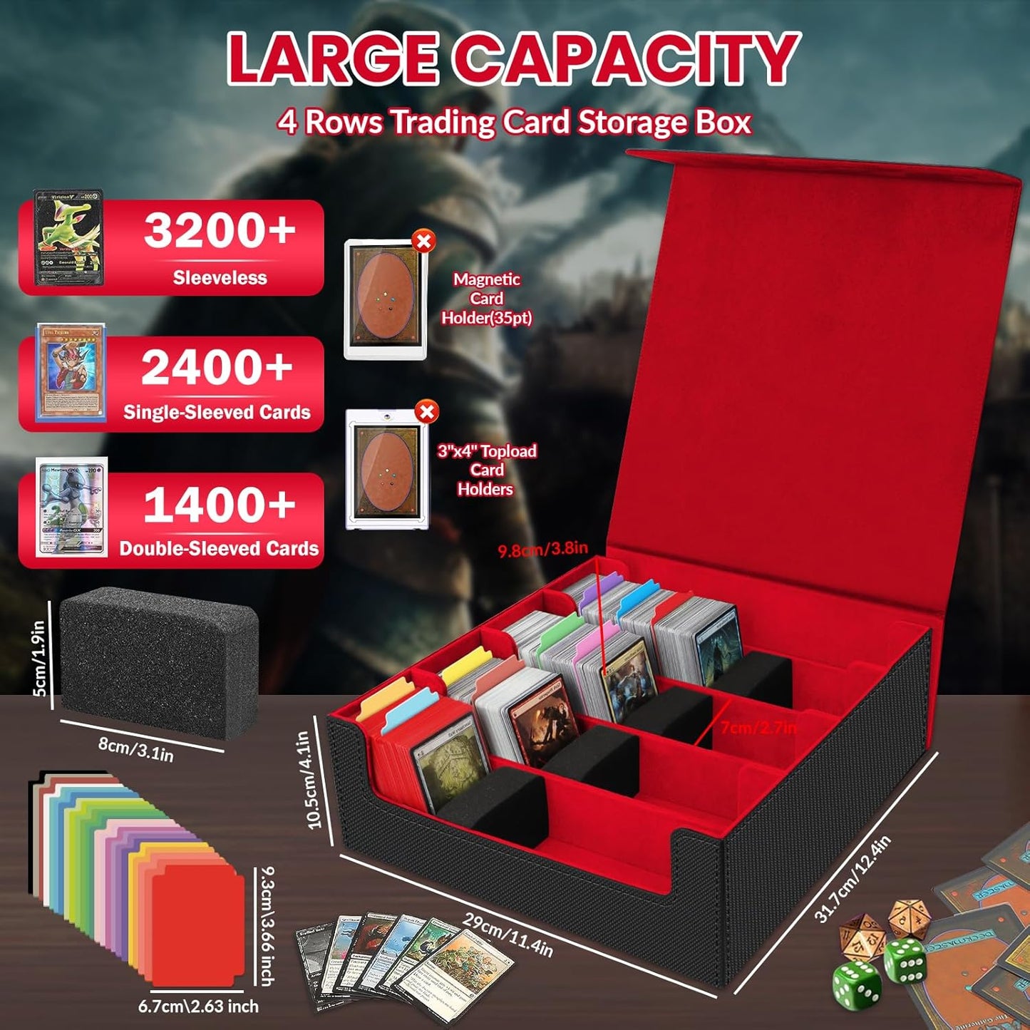AOBOPLE Trading Card Storage Box,3200+ Card Box Storage with 24 Dividers and 4 Foam Supporters PU Leather Magnetic Cards Deck Case for MTG,TCG, Magic and Sport Cards,Great Gift for Card Collectors