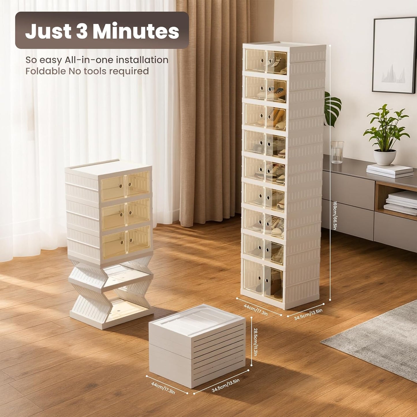 Foldable Shoe Organizer Storage Box, Portable Extra Large Folding Shoe Rack for Closet, Shoe Storage Box with Magnetic Transparent Door and Wheels, 9 Layers 18 Grids with 2 Big Grids