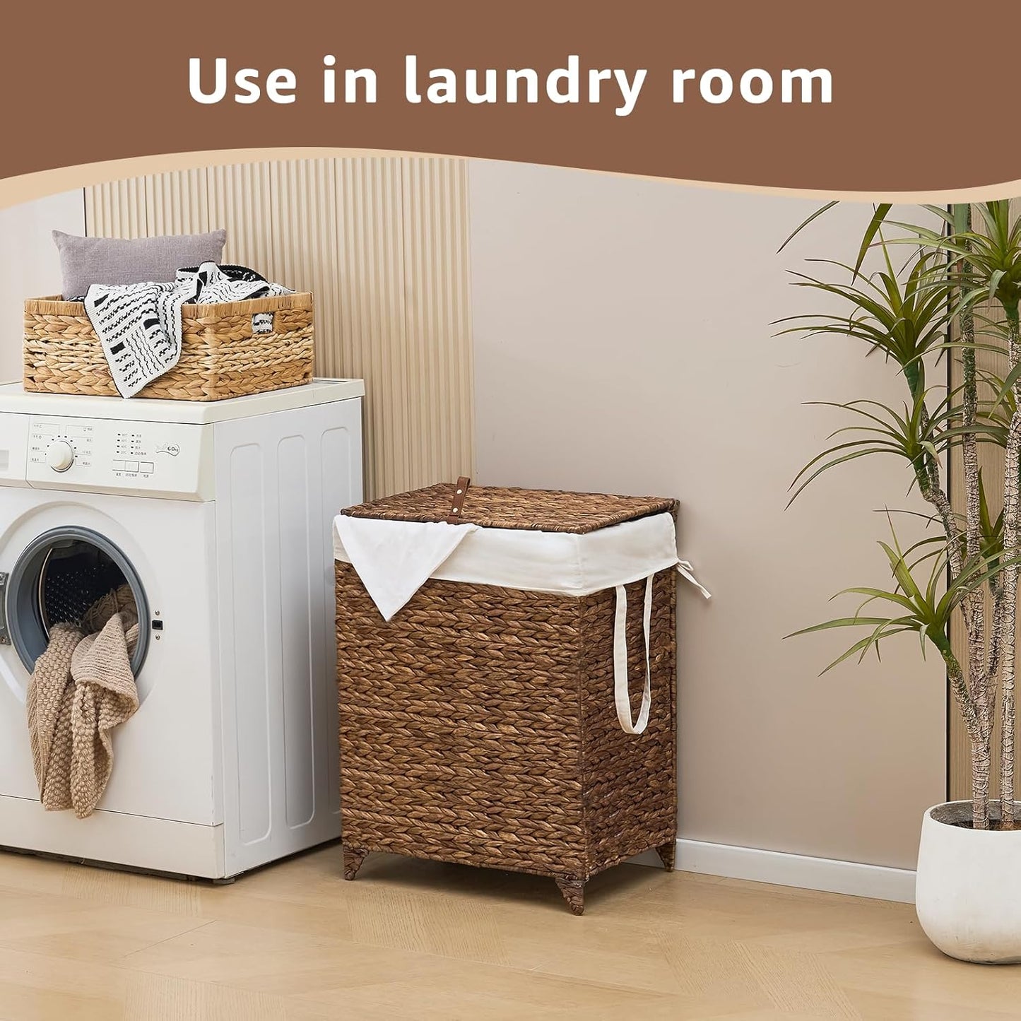 Laundry Hamper with Lid and Removable Liner Bag, Handwoven Natural Hyacinth Clothes Hamper with Heightened Feet, Wicker Laundry Basket for Clothes and Towels，Middle