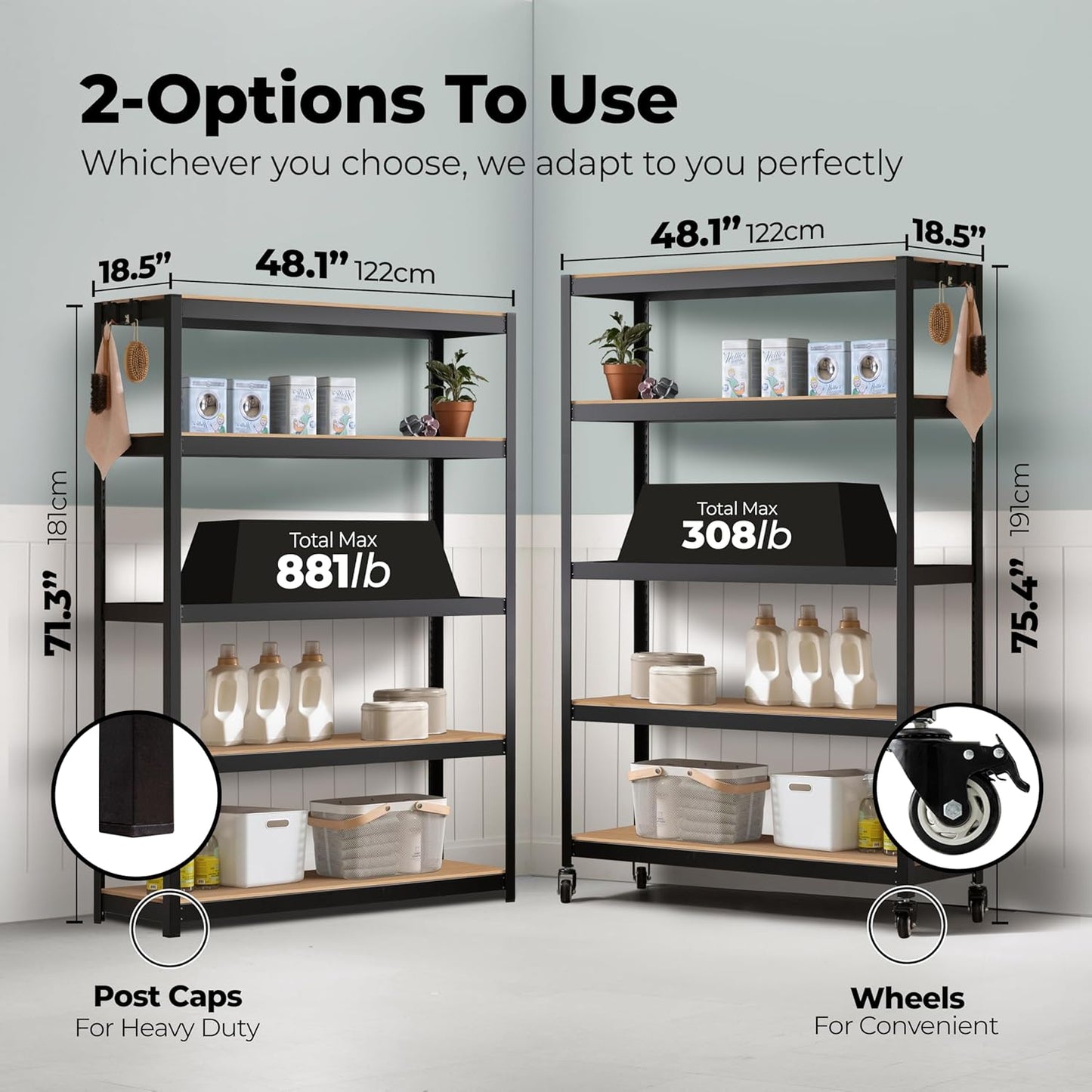 HOMEDANT House 5-Tier Metal Boltless Rolling Cart Shelf Rack Casters Heavy Duty Wheel Shelving Unit Adjustable Utility Storage Shelves Organizer Shelf Kitchen Garage 48.1" W x 18.5" D x 75.4" H 4Pack