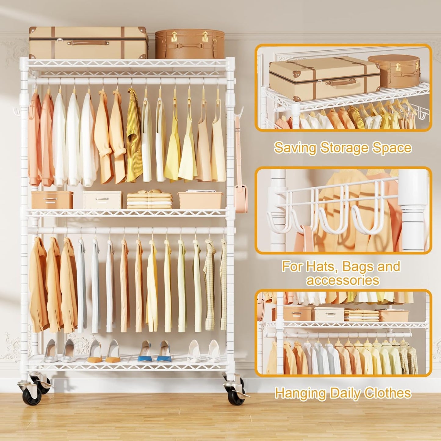 P1 Rolling Clothes Rack Heavy Duty, Metal Closet Clothing Rack with Lockable Wheels, Portable Wardrobe Closet for Hanging Clothes, 35.5" W x 15.7" D x 80.5" H, Hold 500lbs, White