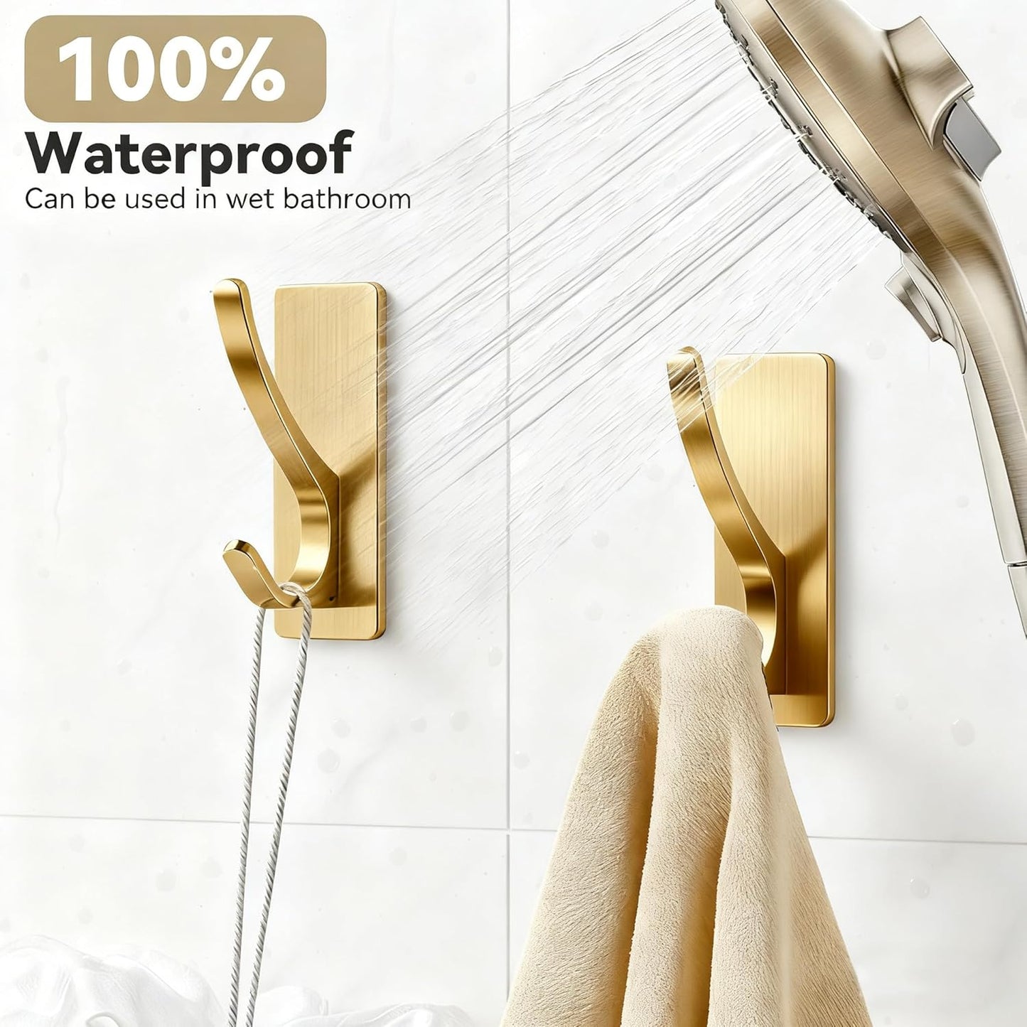 pickpiff 13 LB Self Adhesive Coat Hooks for Hanging: Heavy Duty Stainless Double Wall Hook for Towel, Backpack, Hat, Sturdy Metal Hanger for Bathroom, Bedroom, Door, Wall Mounted, 4-Pack, Brushed Gold