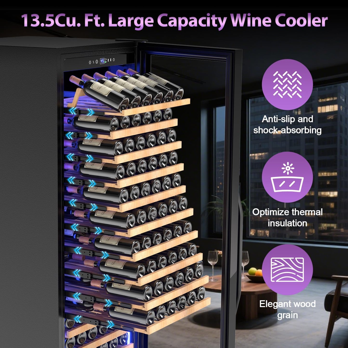 Wine Cooler-Wine Fridge with Safety Lock Freestanding/Built in 24 Inch Wide Large Wine Refrigerator for 154 Bottles,Cellar Chiller Low Noise, Fast Cooling, Black