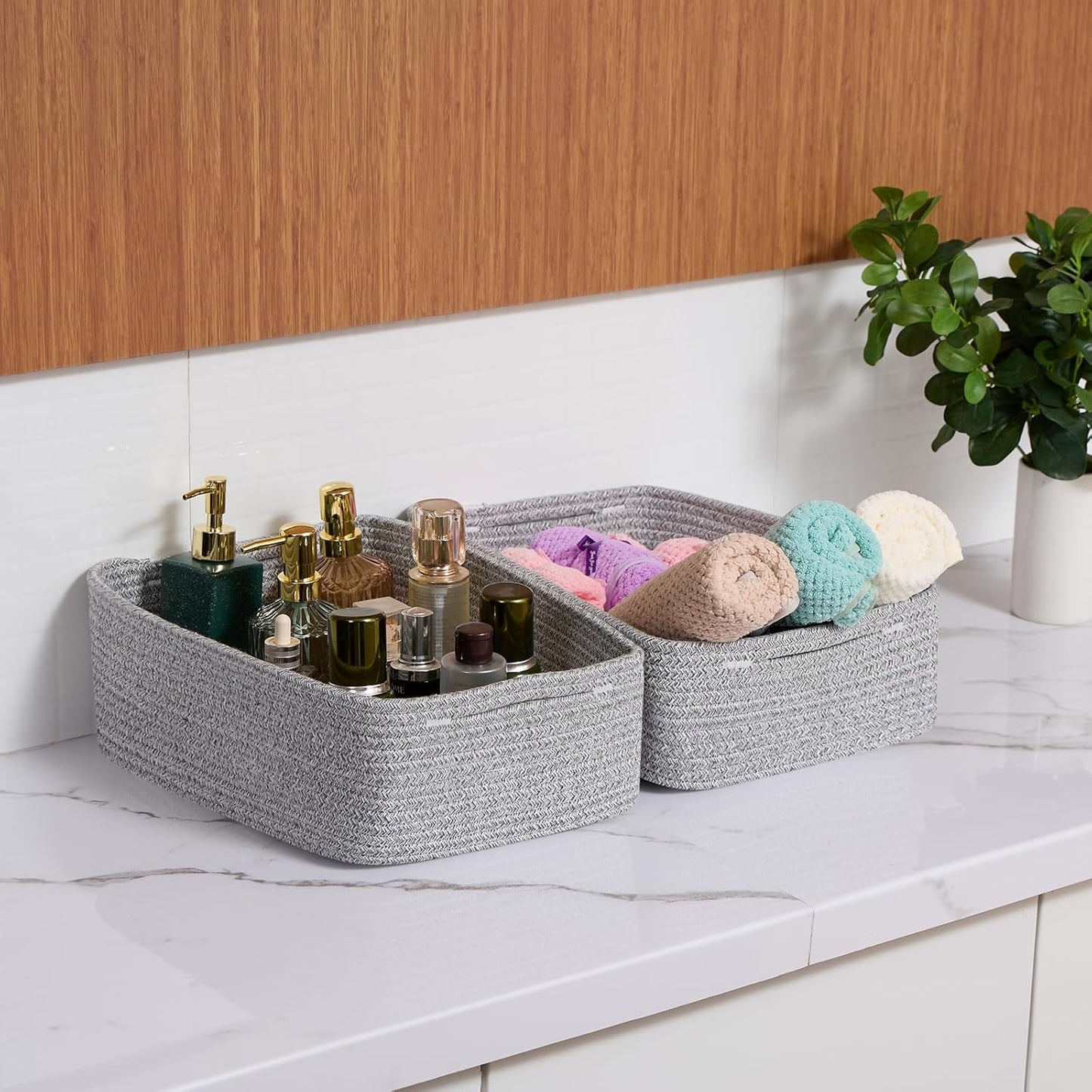 Large Shallow Organizing Baskets 15x11x5.1 Inches - Rope Woven Storage Bins for Bathroom, Shelves, Cube Closet, Mixed Grey 4 Packs