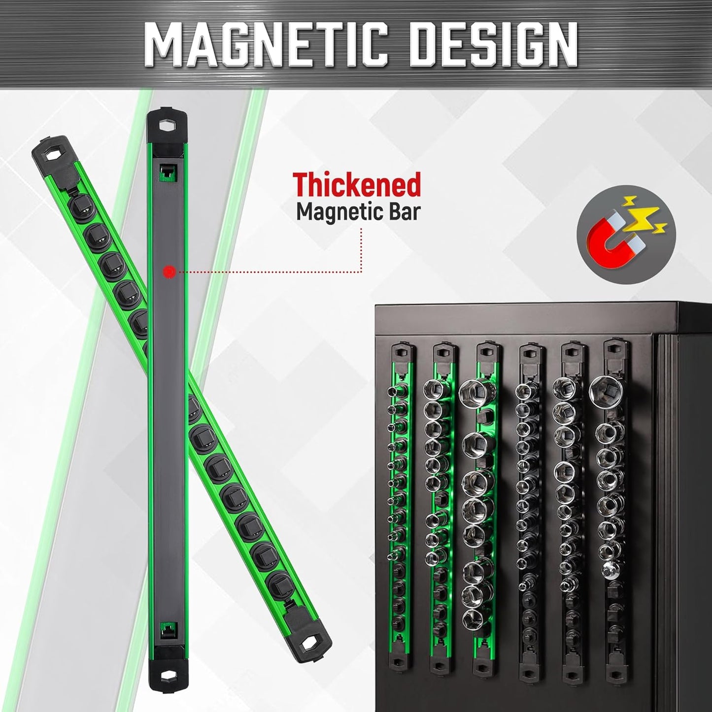 ALOANES 6-Piece Magnetic Socket Organizer, Heavy Duty Aluminum Socket Rails Organizer, 360° Swivel Clips Socket Holder Kit for Tool Box, 1/2, 3/8, 1/4-Inch Socket Holder x 80 Clips (Green&Black)