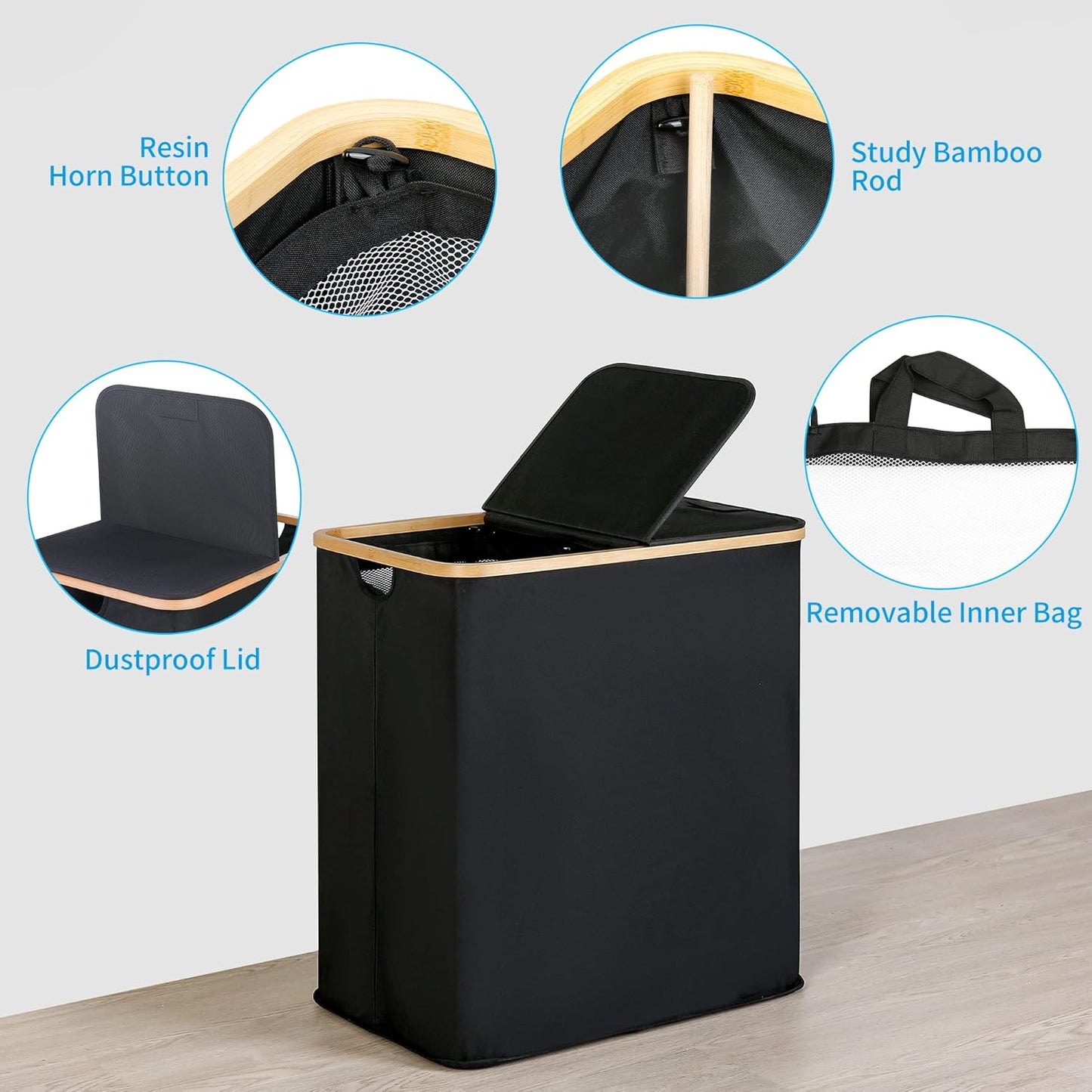 efluky Laundry Hamper with Lid, Double Laundry Hamper with 2 Removable Bags, 2 Section Laundry Basket with Bamboo Handles for Bathroom, Bedroom & Laundry Room, 140L (36.9 Gallon) Black