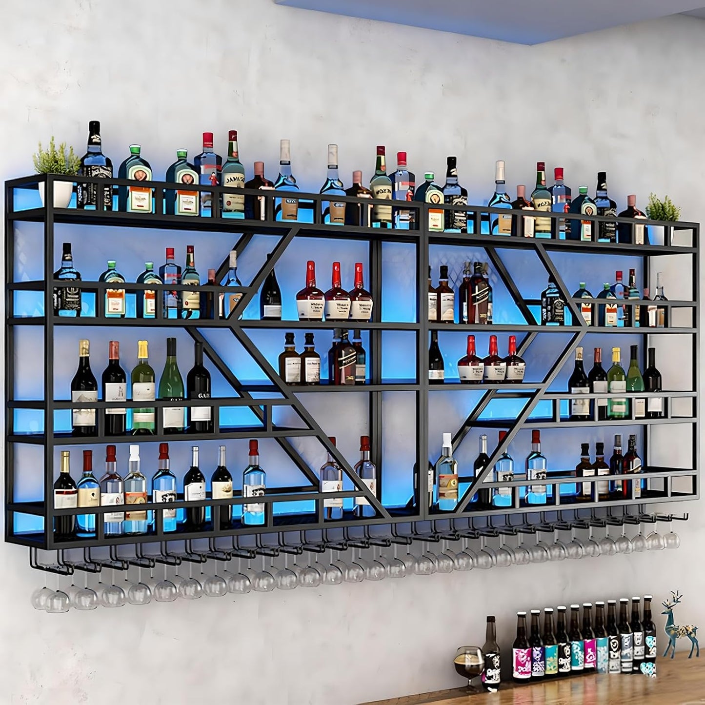63in Metal Wine Rack Wall Mounted, Modern Wine Storage Rack Wall Mounted with Wine Glass Holder, Liquor Shelf, Bar Shelves for Liquor Bottles (4 Tiers Black, 63 * 7.87 * 48.5INCH)