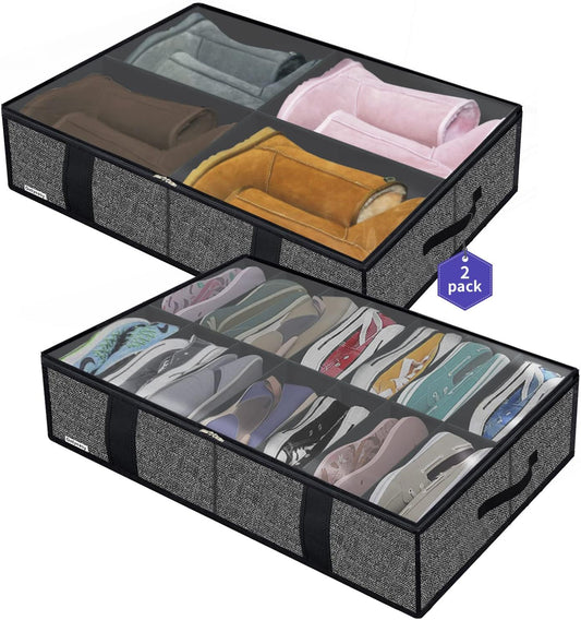 Onlyeasy 2 Pack Under Bed Shoes Storage Bag Organizer (14+4 Pairs), Collapsible Shoe Boot Container with Handles, Underbed Storage Solution for Kids & Adults, 86x60x15cm, Linen-like Black, MXAUBS14S4