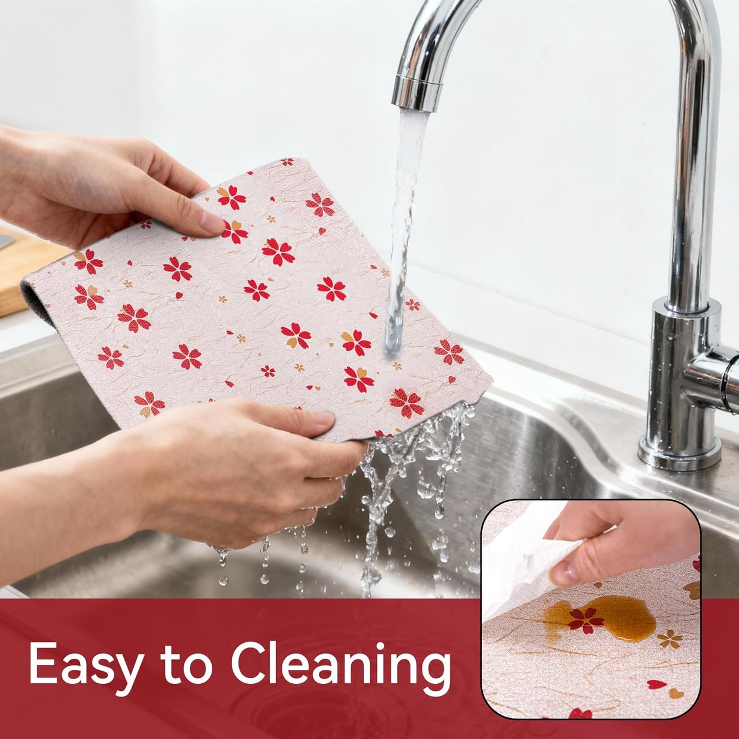 FIFTY FEET 18"x96" Non-Adhesive Shelf Liner for Kitchen Cabinets and Drawers, Washable Non-Slip PVC Cabinet Liner (Red Floral)(1 Roll)