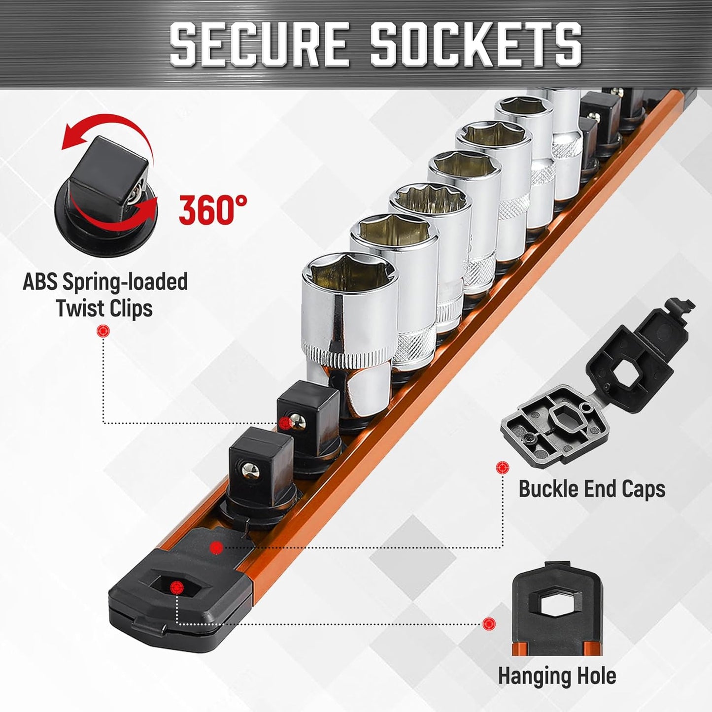 ALOANES 3-Piece Magnetic Socket Organizer, Heavy Duty Aluminum Socket Rails Organizer, 360° Swivel Clips Socket Holder Kit for Tool Box, 3/8-Inch Socket Holder x 42 Clips (Orange)
